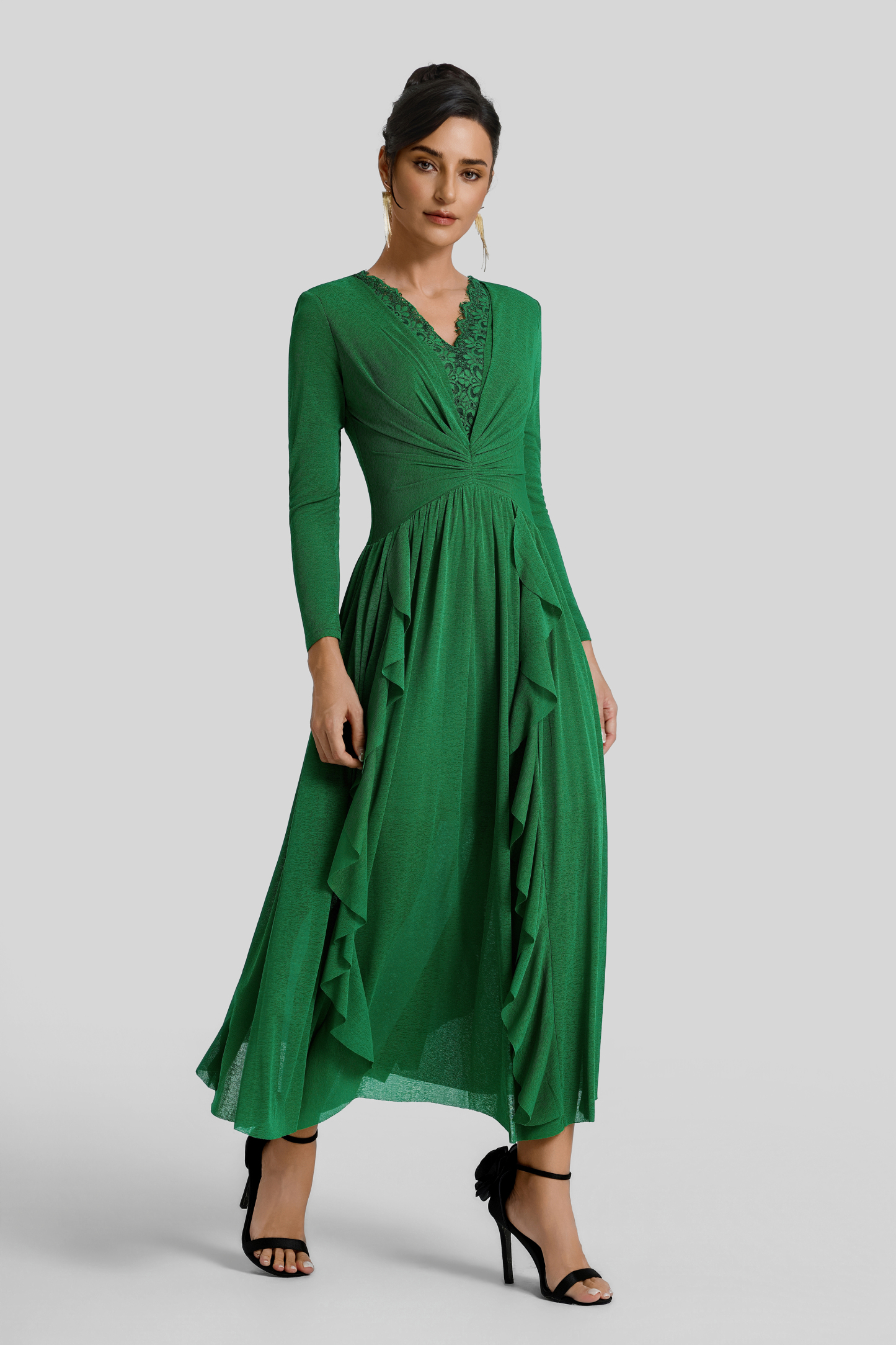 Ruffle Lace Splicing Gathering Midi Dress