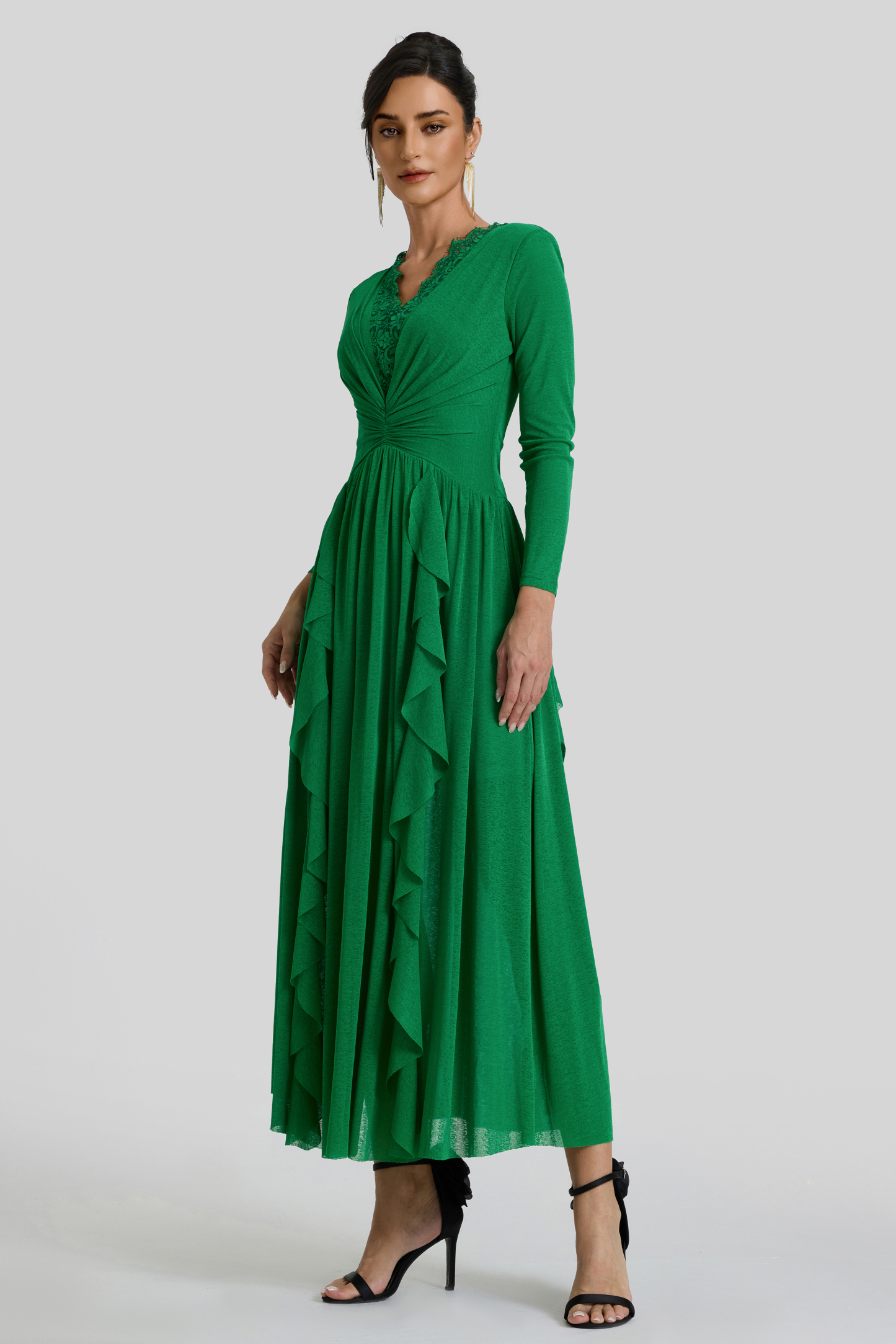 Ruffle Lace Splicing Gathering Midi Dress