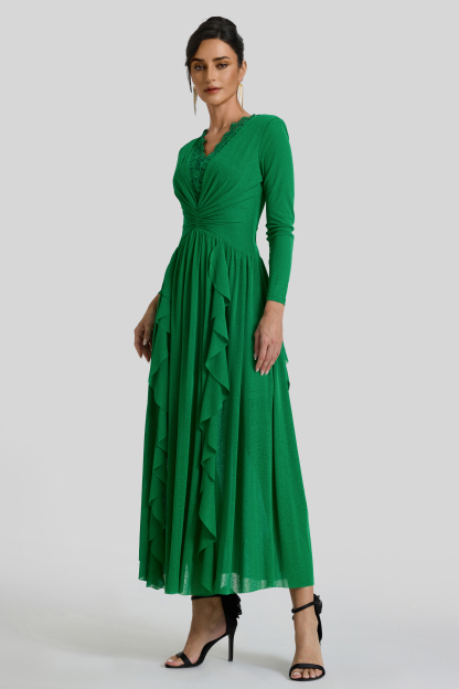 Ruffle Lace Splicing Gathering Midi Dress