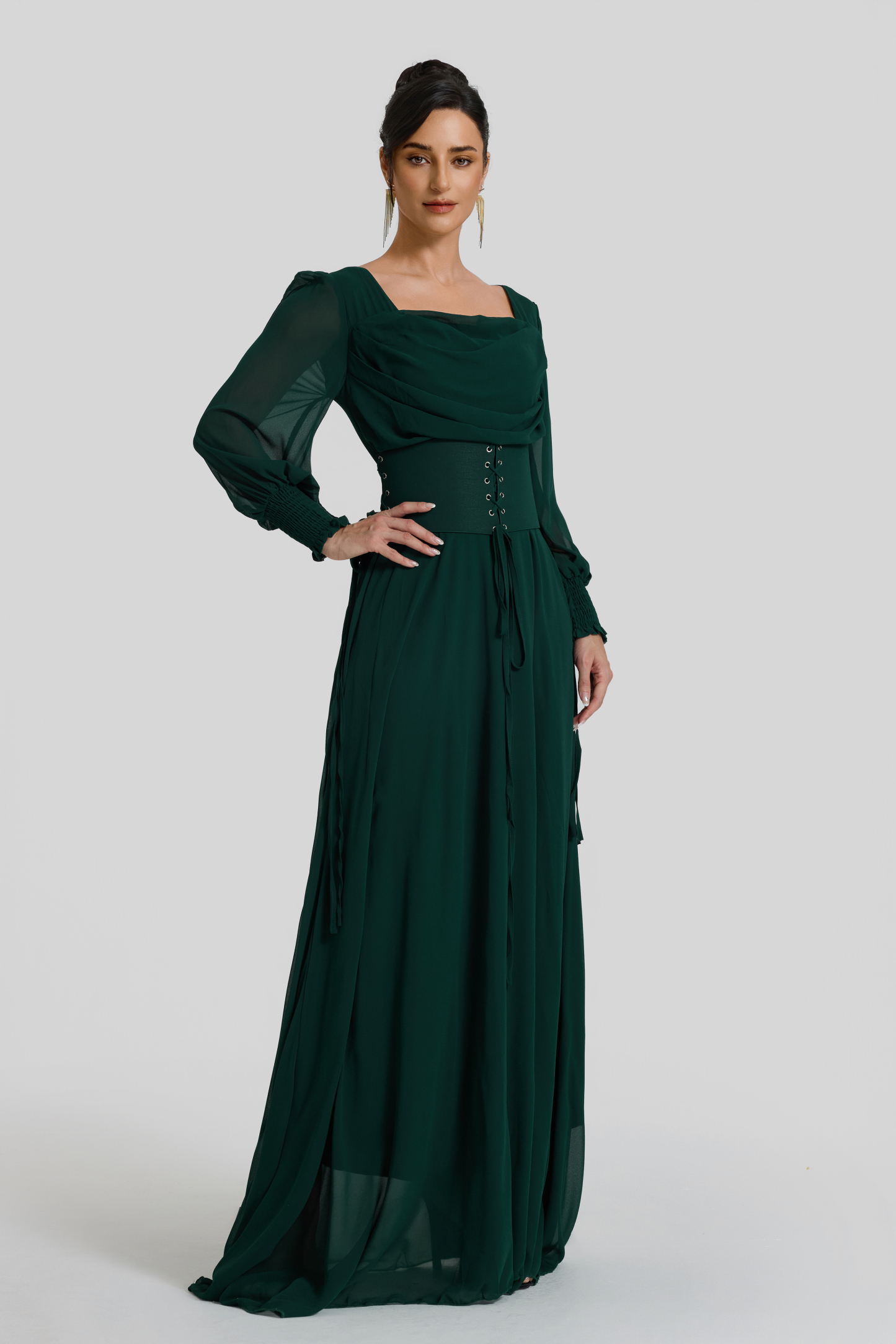 Square Collar Lantern Sleeve Maxi Dress With Corset