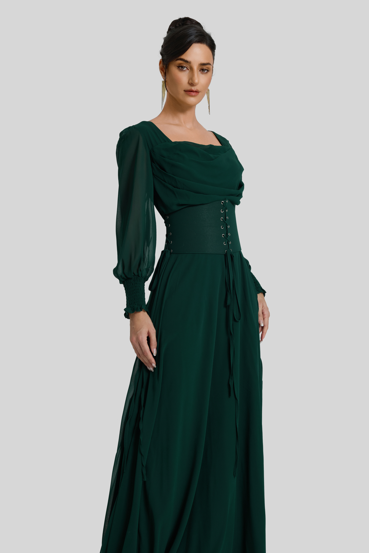 Square Collar Lantern Sleeve Maxi Dress With Corset