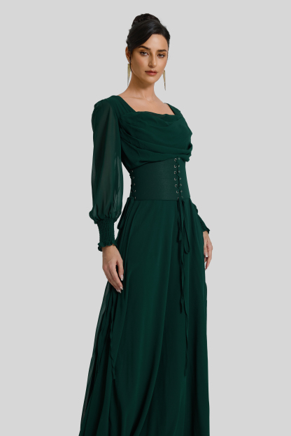 Square Collar Lantern Sleeve Maxi Dress With Corset