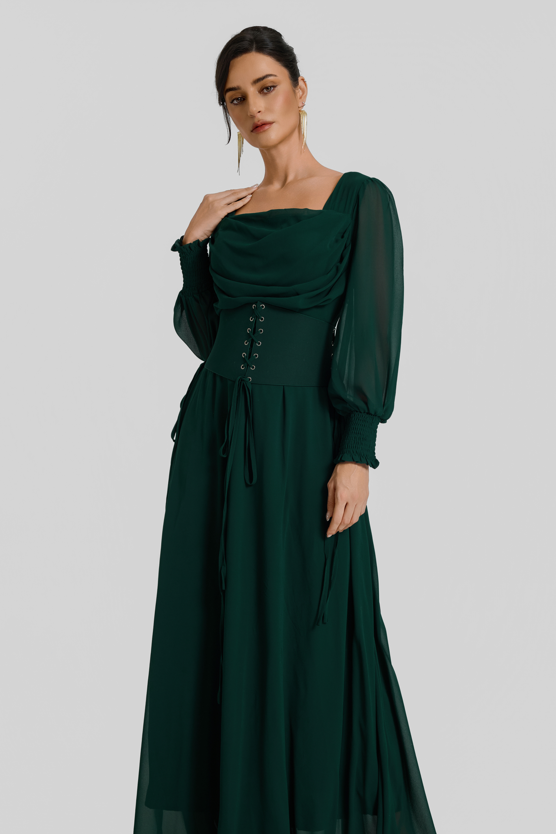 Square Collar Lantern Sleeve Maxi Dress With Corset
