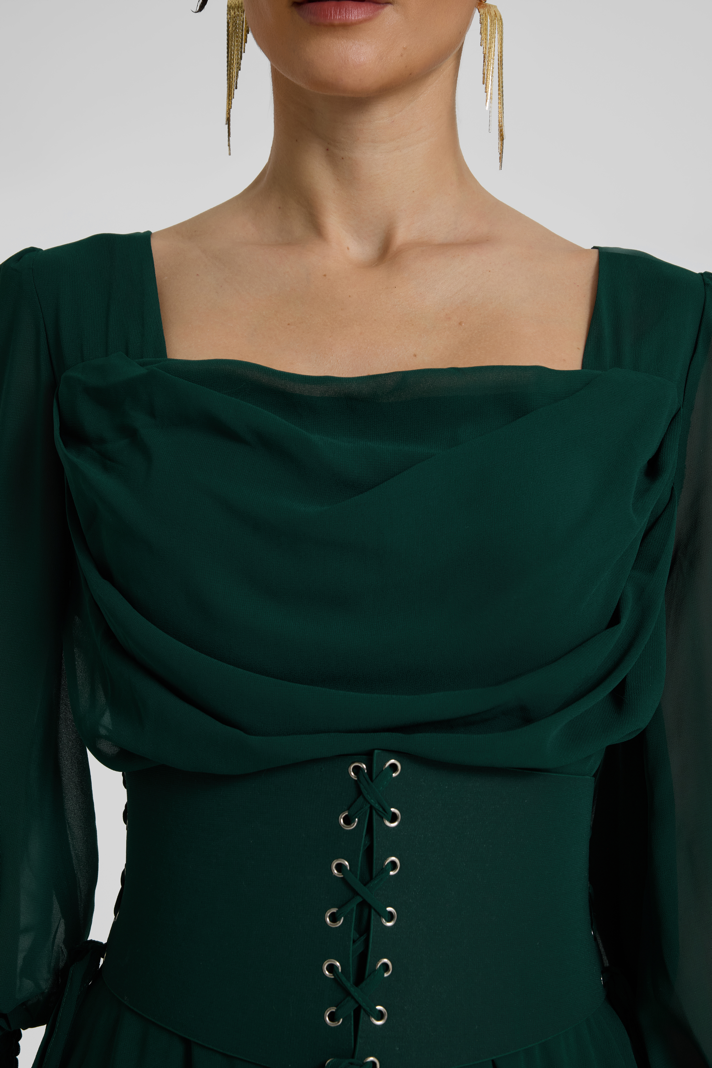 Square Collar Lantern Sleeve Maxi Dress With Corset