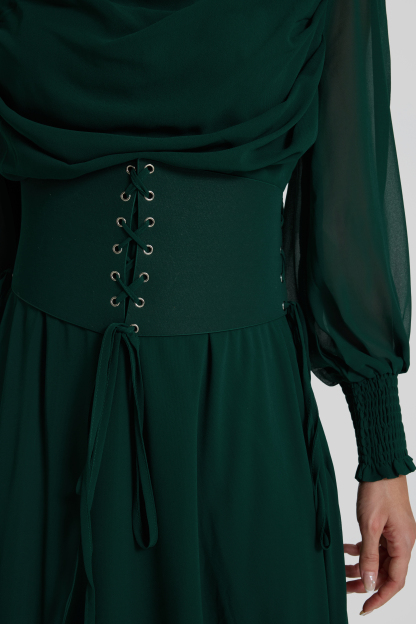 Square Collar Lantern Sleeve Maxi Dress With Corset