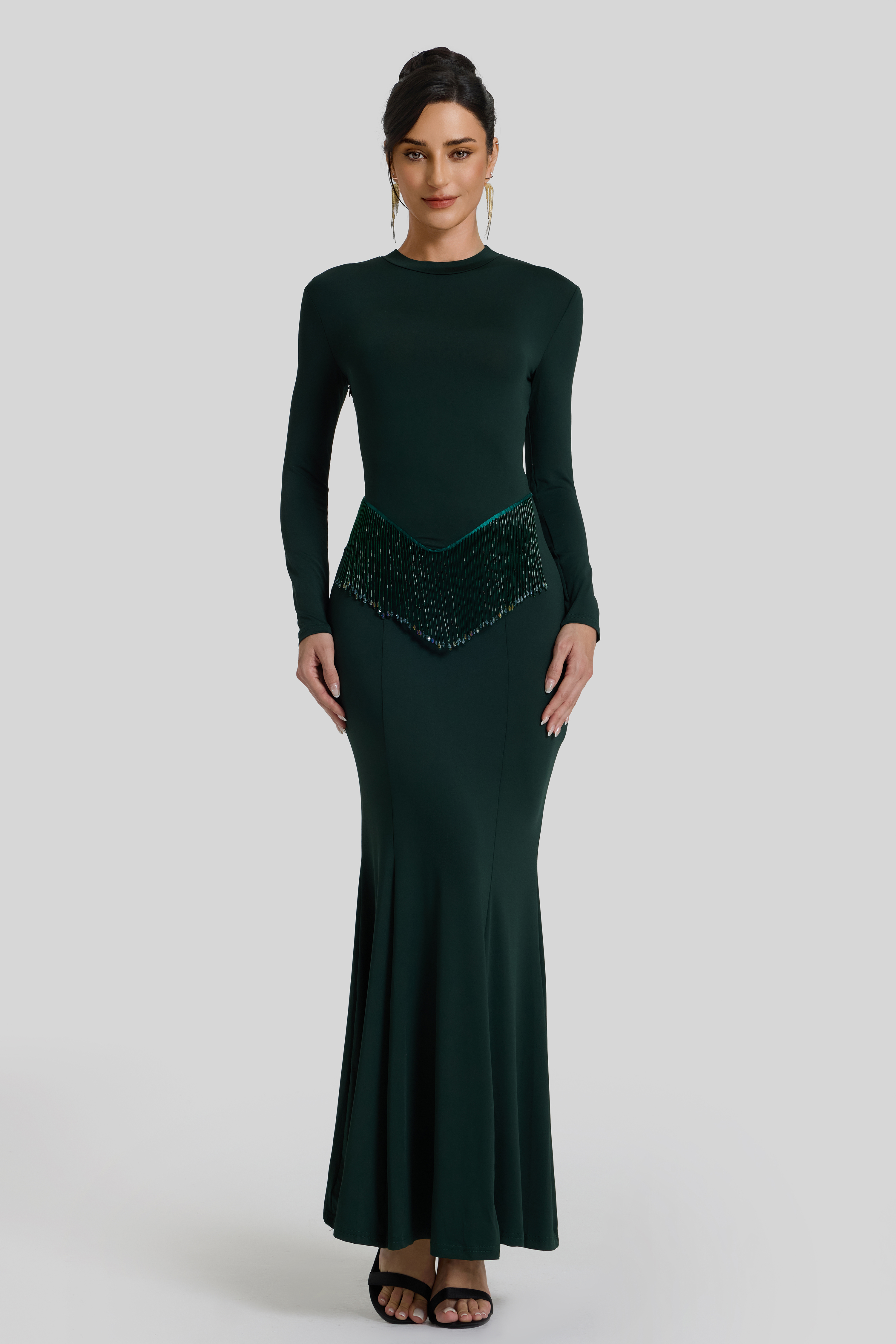 Solid Beaded Round Neck Maxi Dress