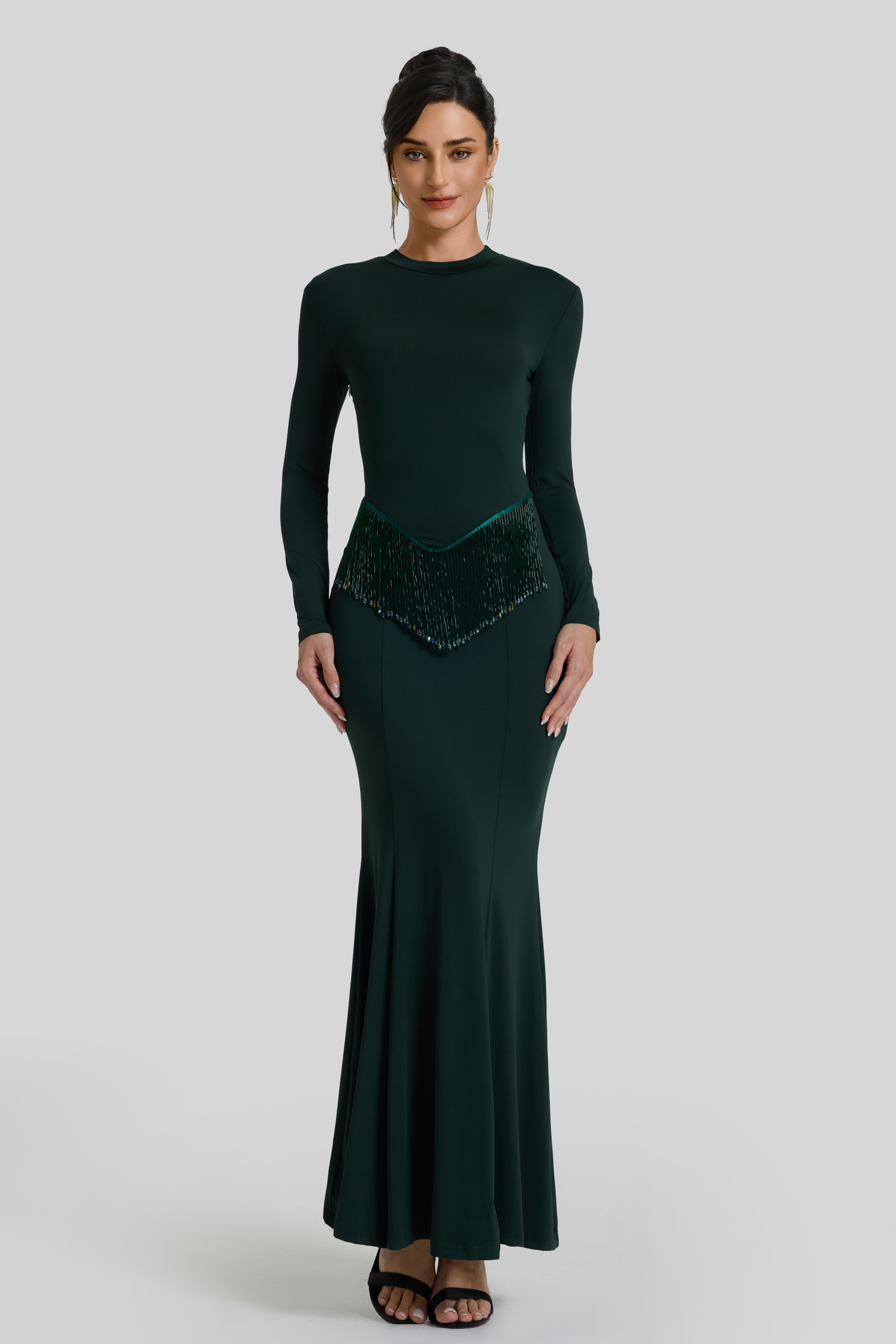 Solid Beaded Round Neck Maxi Dress