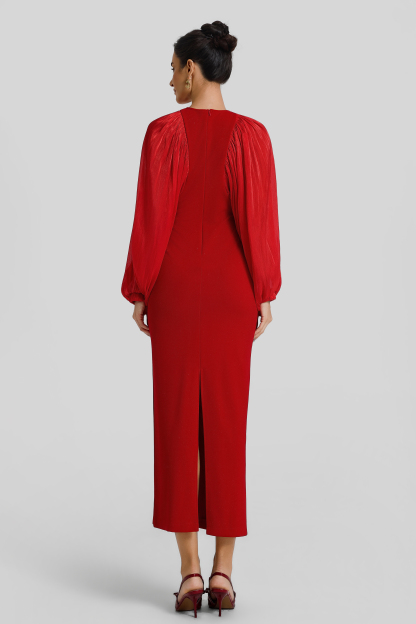 Chiffon Splicing Lantern Sleeves Midi Dress