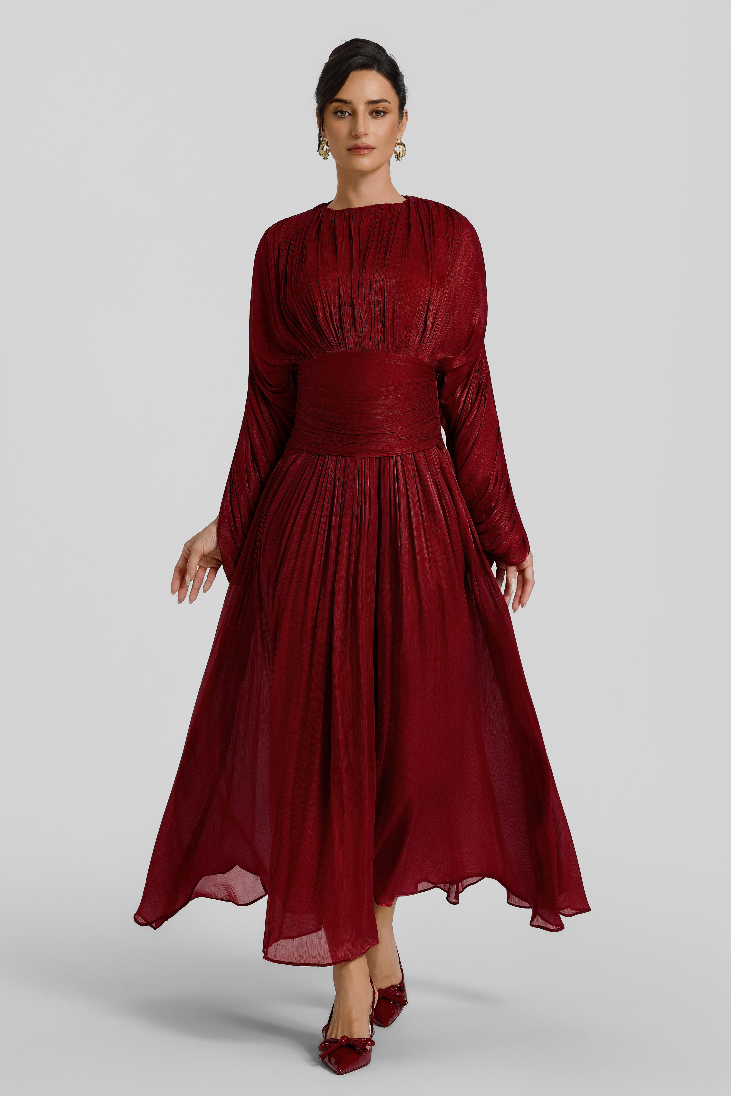 Pleated Batwing Sleeve Round Neck Midi Dress