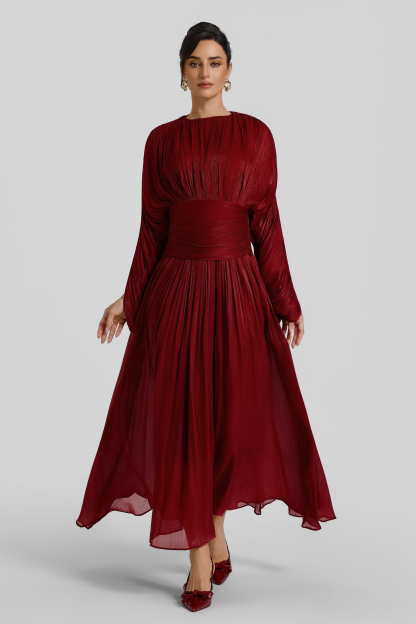 Pleated Batwing Sleeve Round Neck Midi Dress