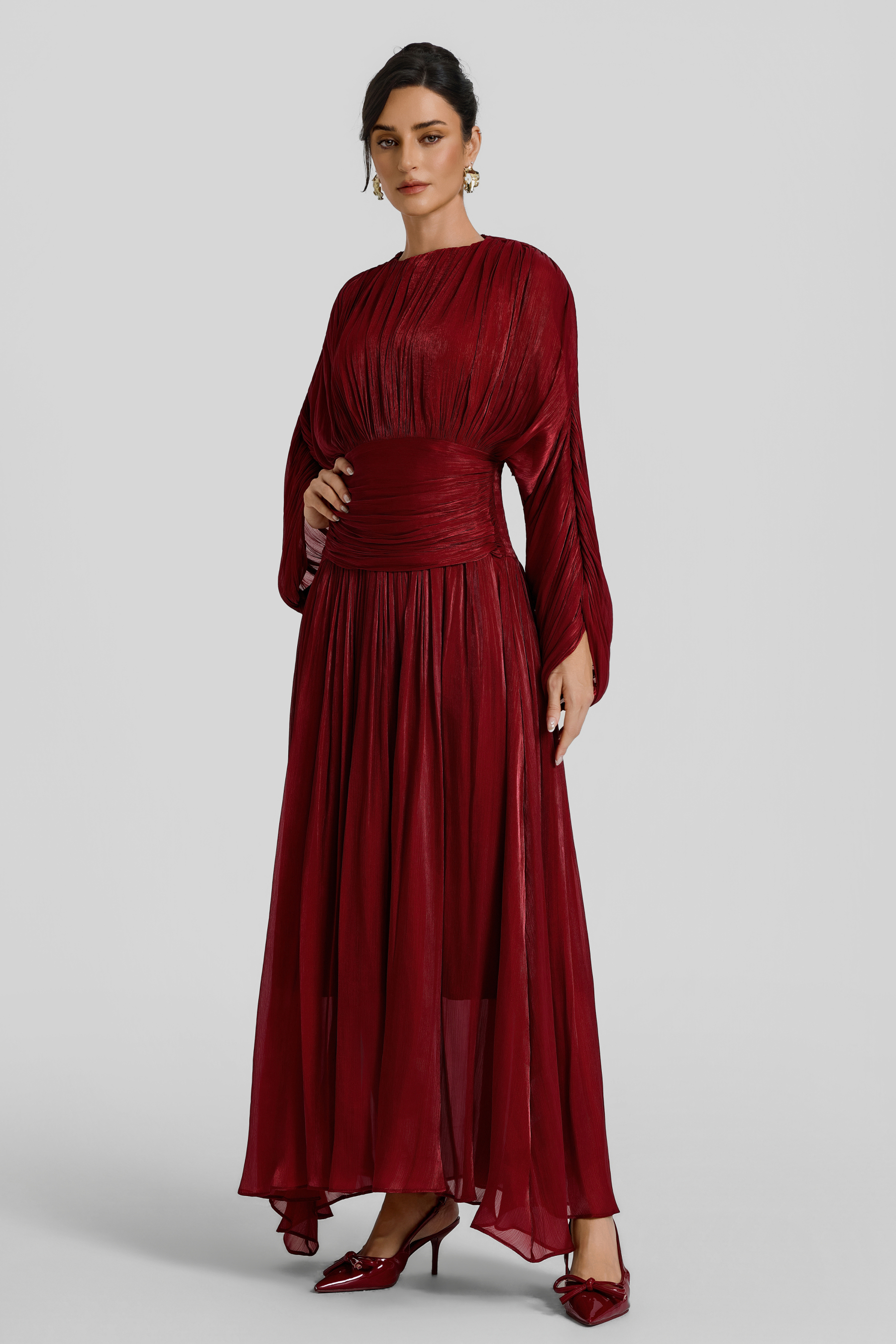 Pleated Batwing Sleeve Round Neck Midi Dress