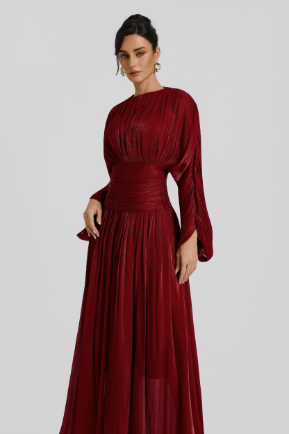 Pleated Batwing Sleeve Round Neck Midi Dress