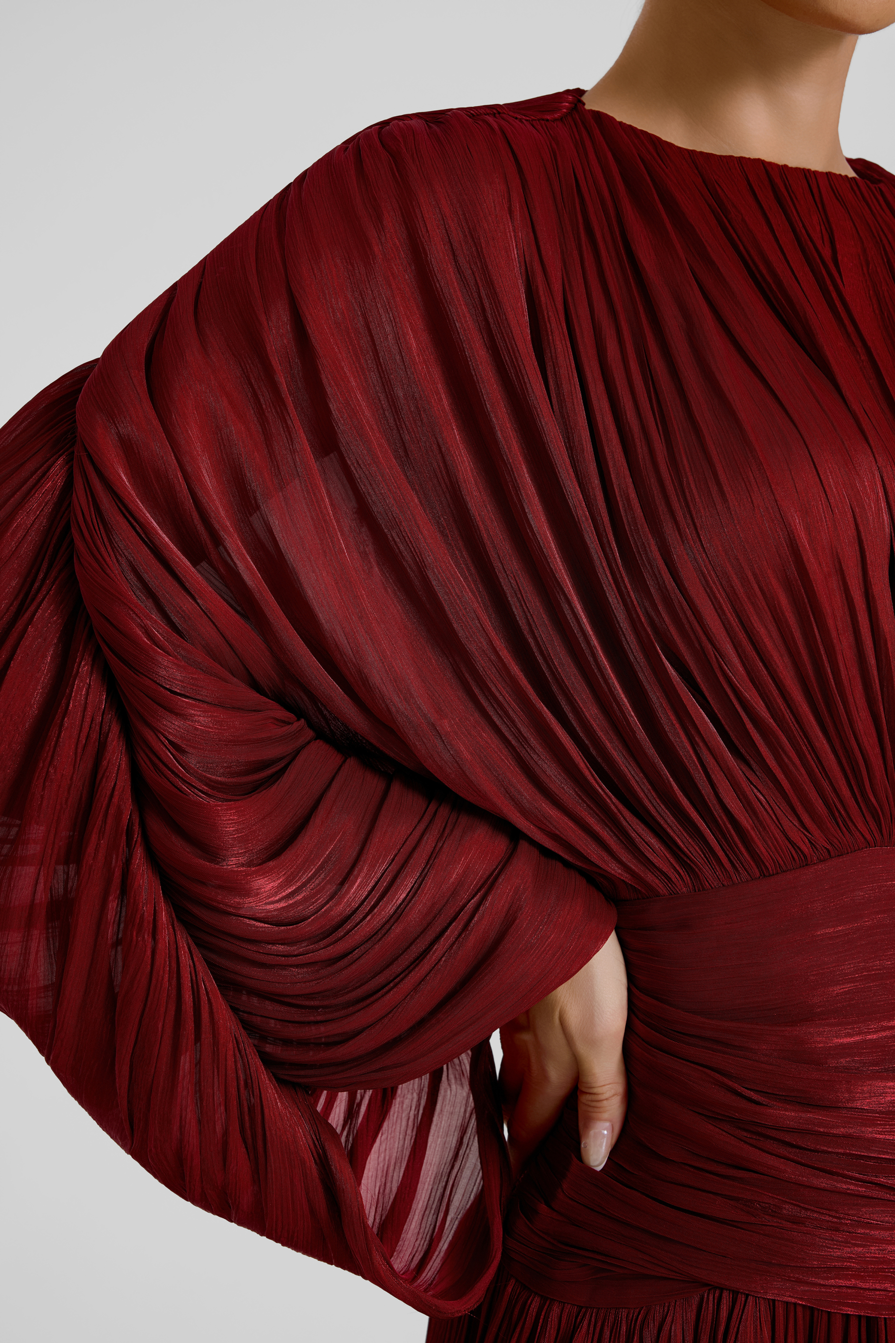 Pleated Batwing Sleeve Round Neck Midi Dress