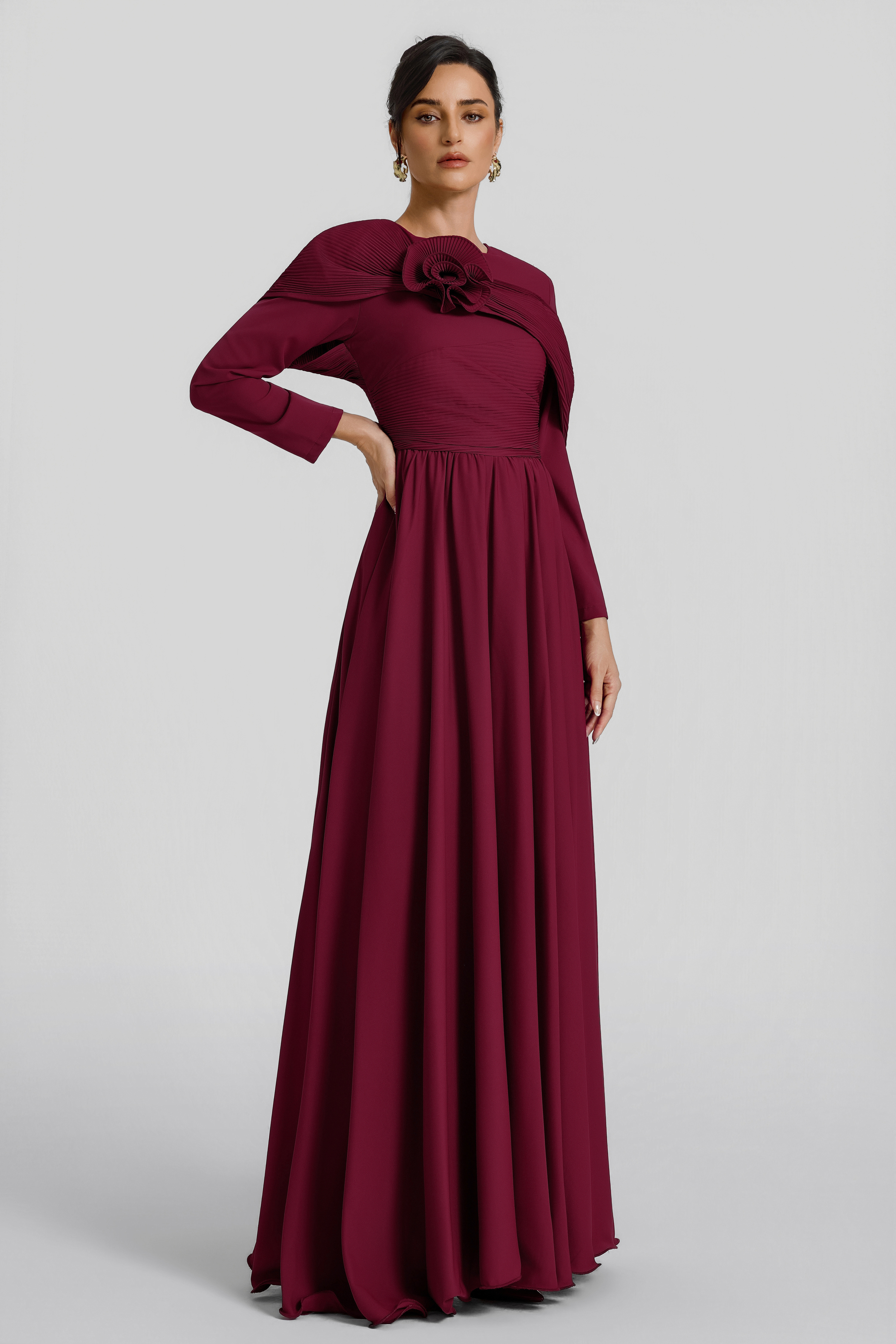 Solid Ruched 3D Flower Maxi Dress