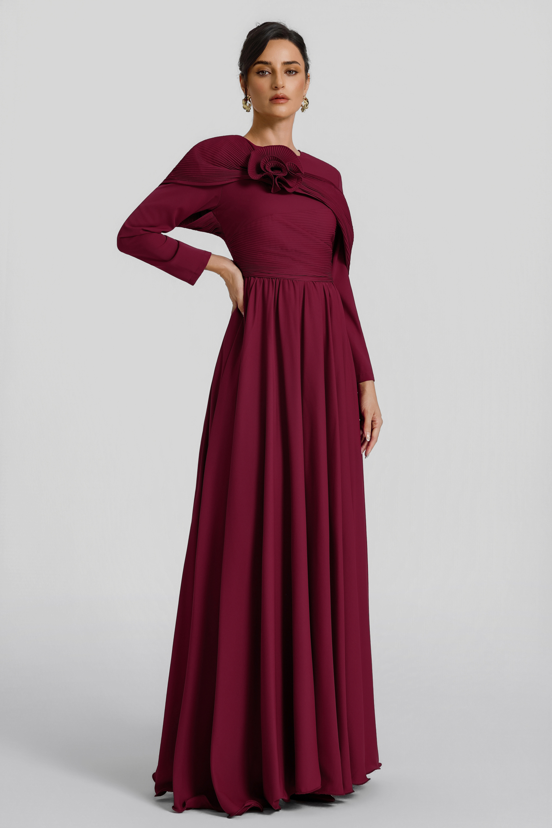 Solid Ruched 3D Flower Maxi Dress