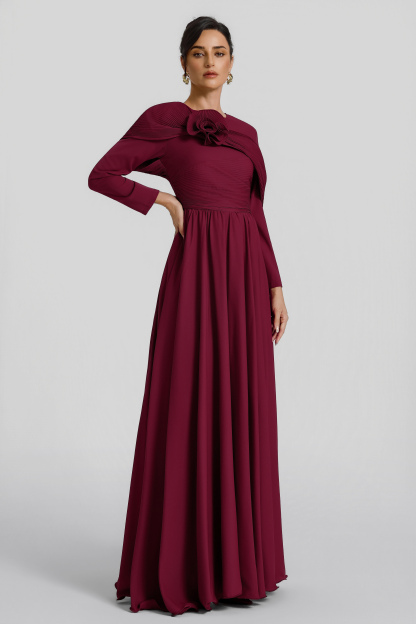 Solid Ruched 3D Flower Maxi Dress