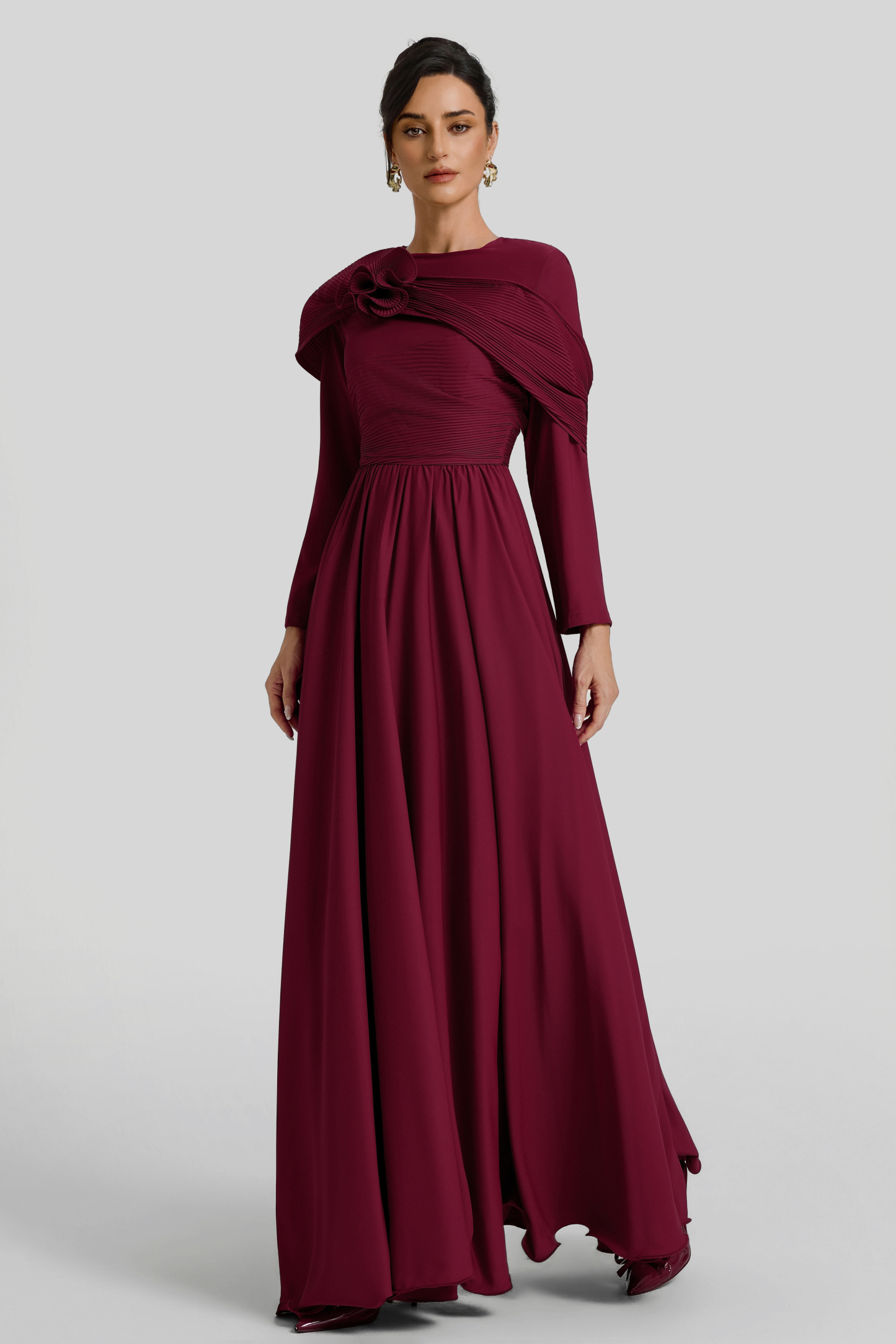 Solid Ruched 3D Flower Maxi Dress