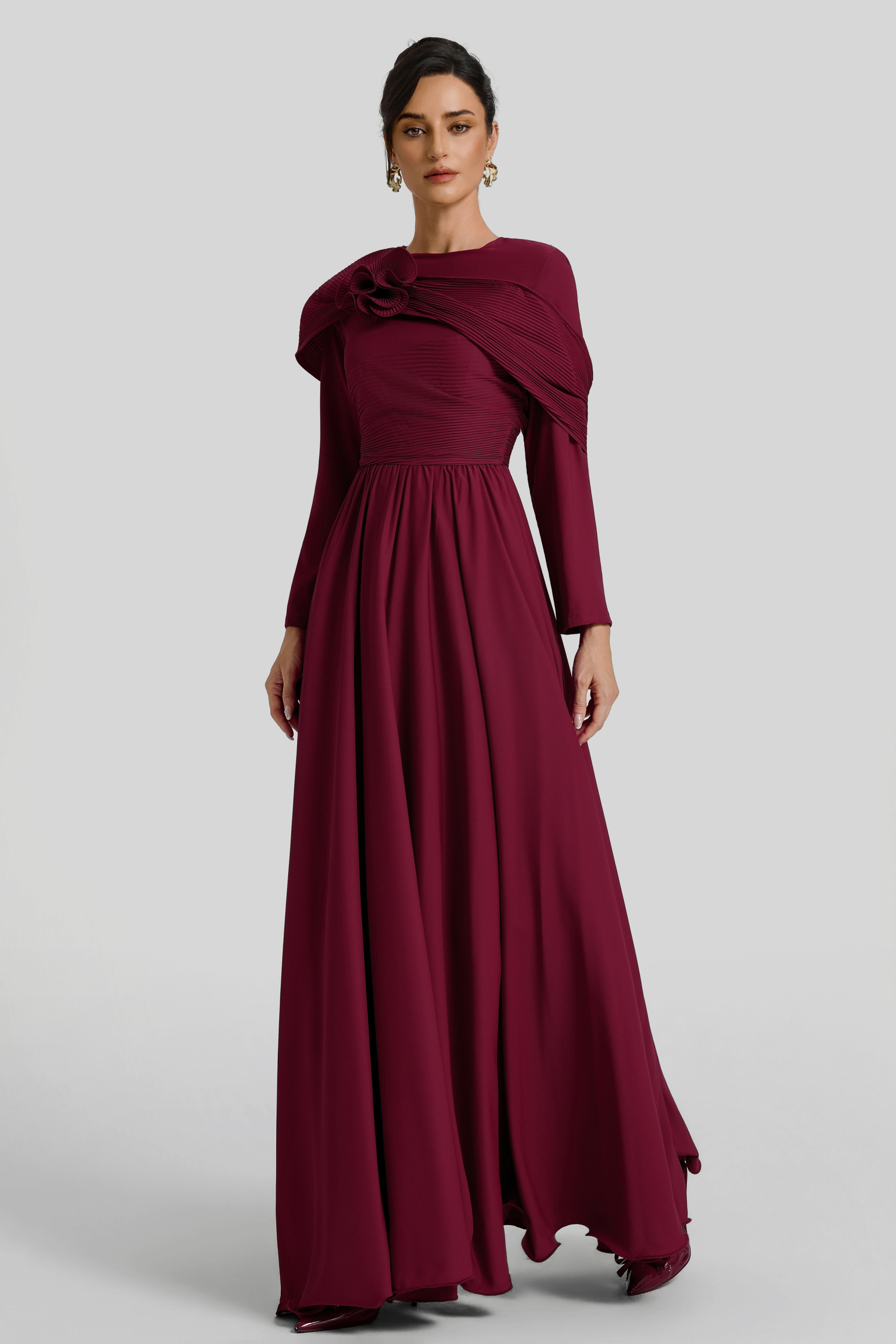 Solid Ruched 3D Flower Maxi Dress