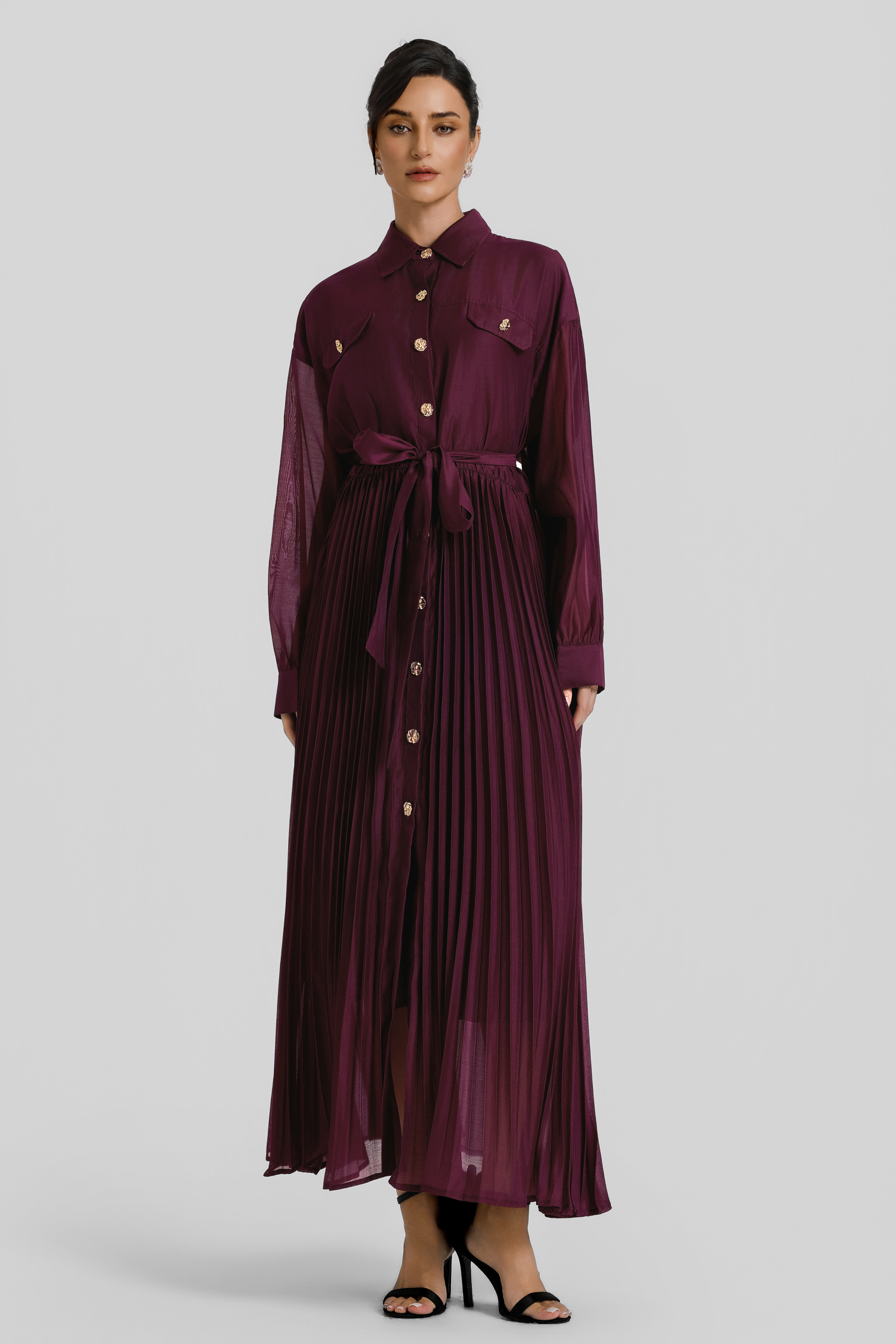 Pleated Flapped Long Sleeve Midi Dress With Belt