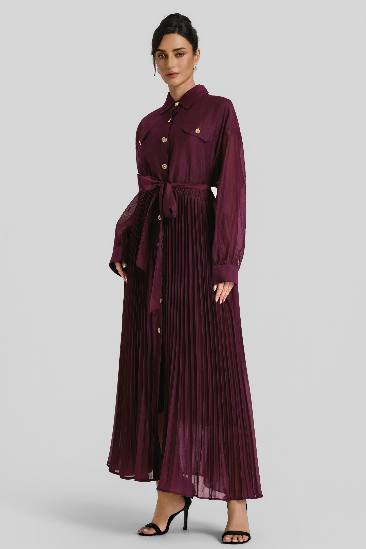 Pleated Flapped Long Sleeve Midi Dress With Belt