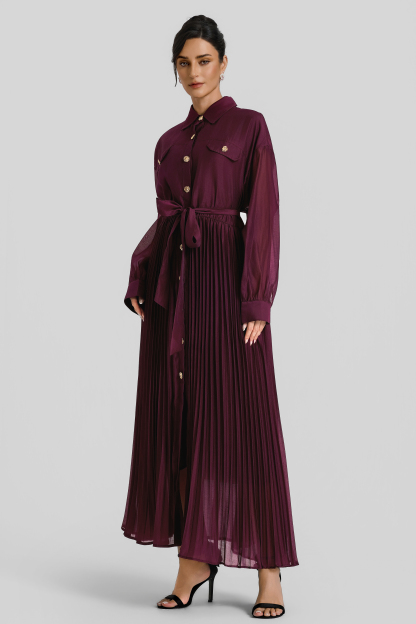 Pleated Flapped Long Sleeve Midi Dress With Belt