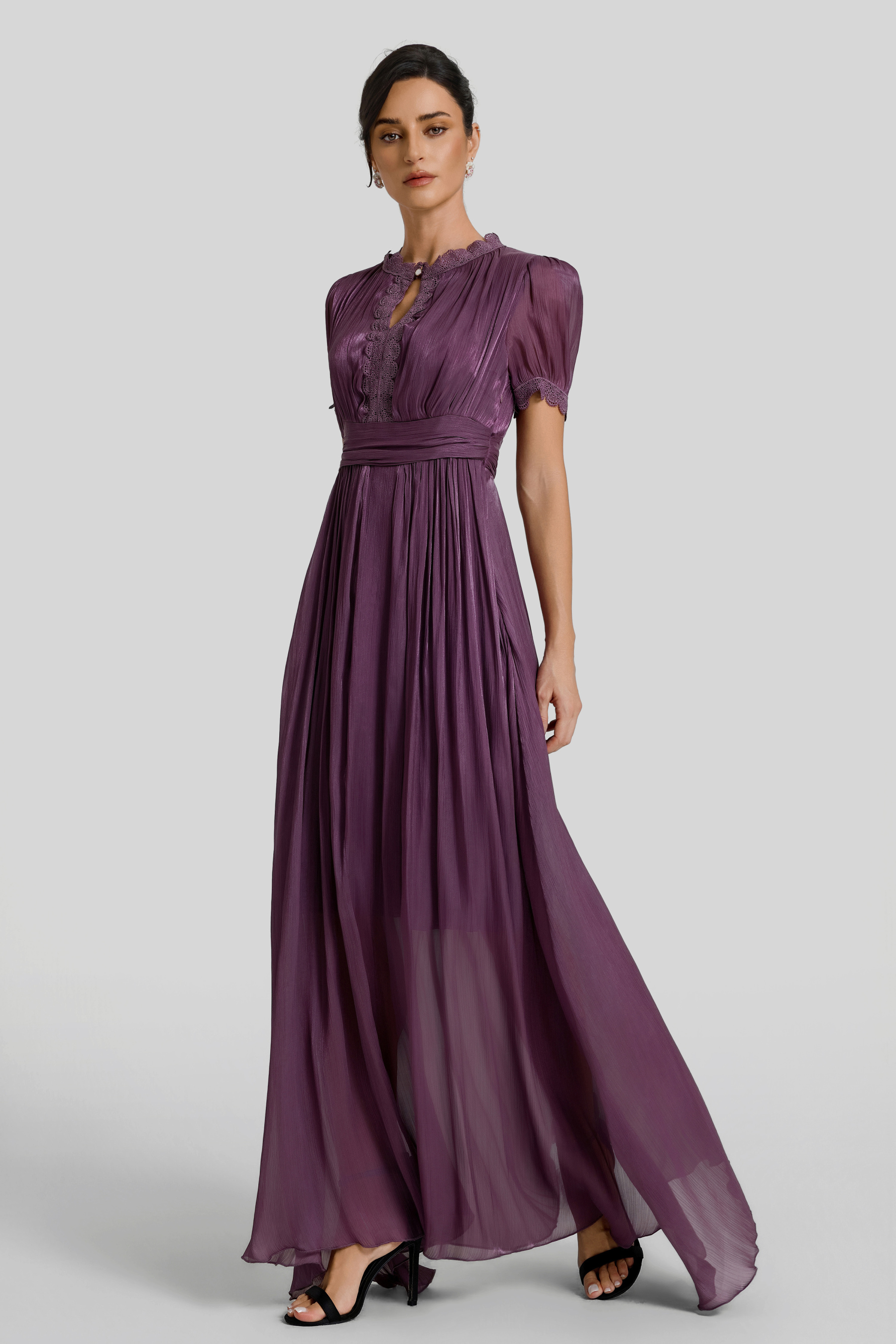 Lace Splicing Gathering Midi Dress