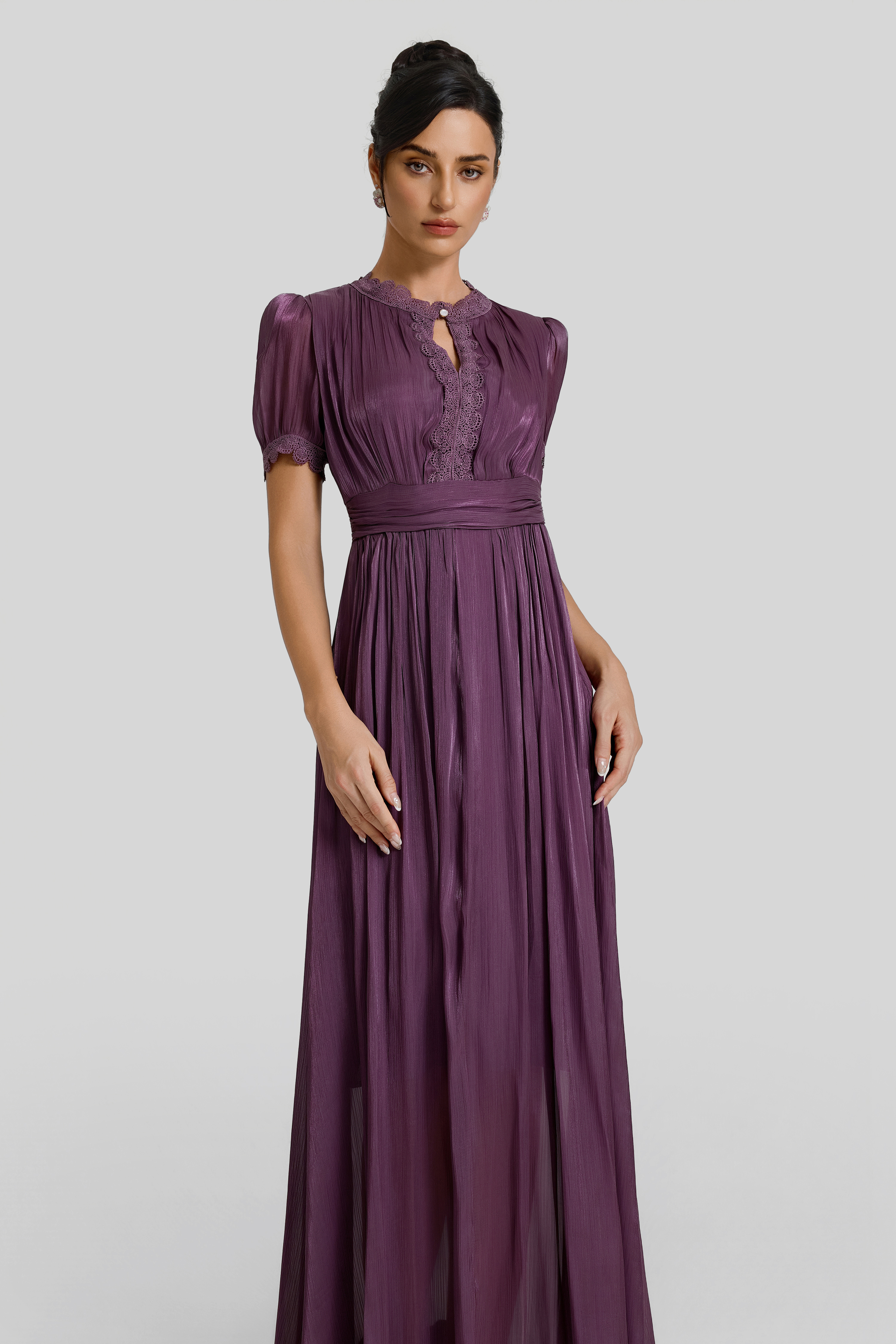 Lace Splicing Gathering Midi Dress