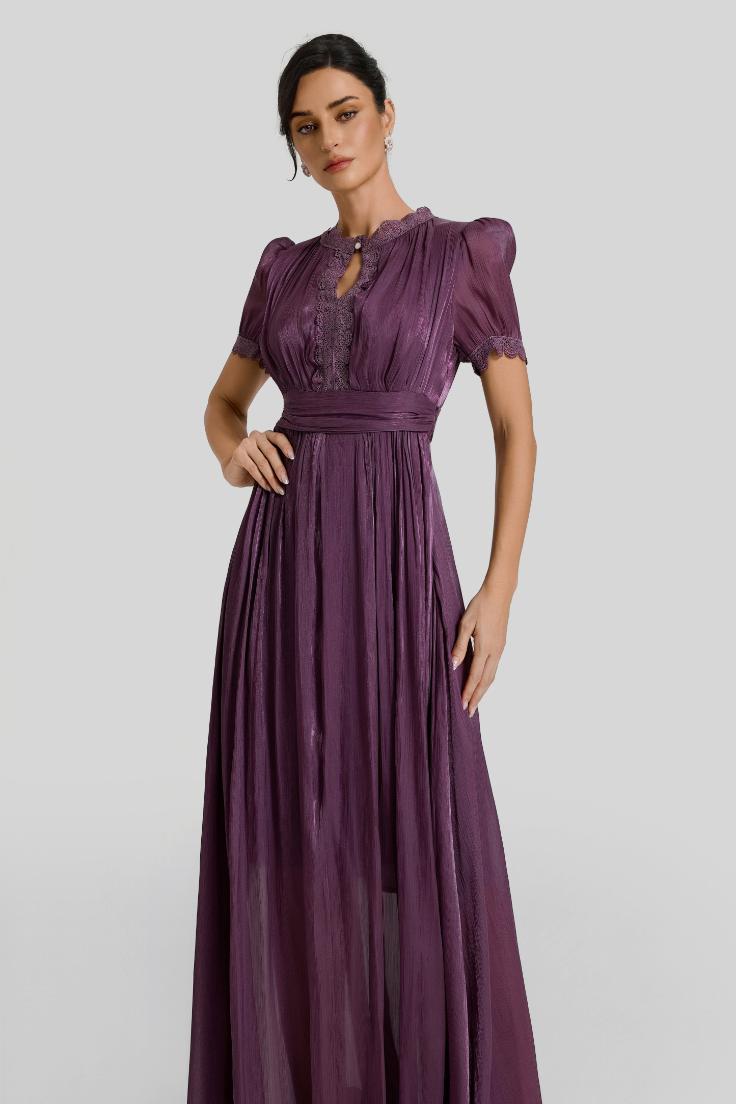 Lace Splicing Gathering Midi Dress