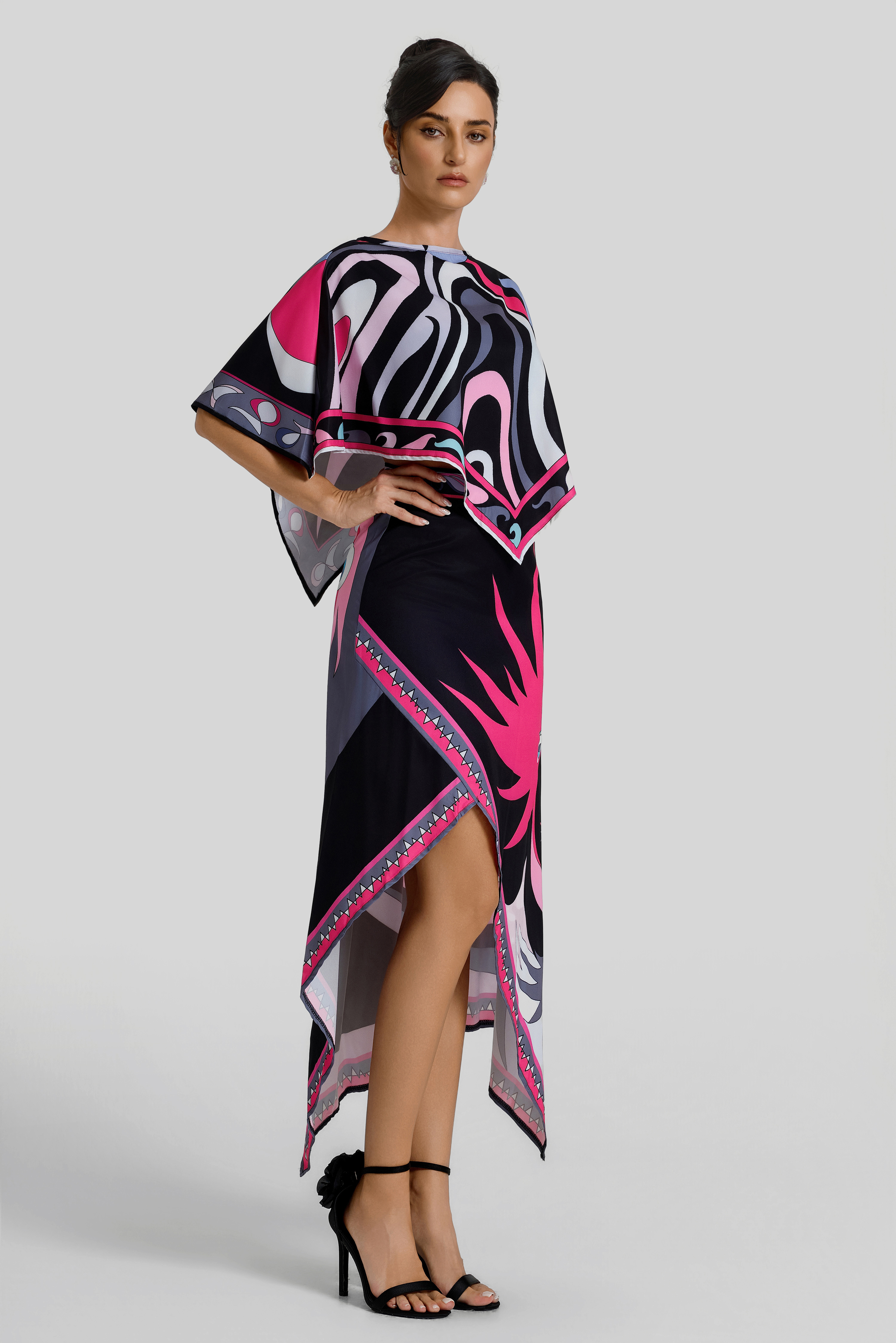 Scarf Print Cape Top & Slit High Waist Midi Skirt Set