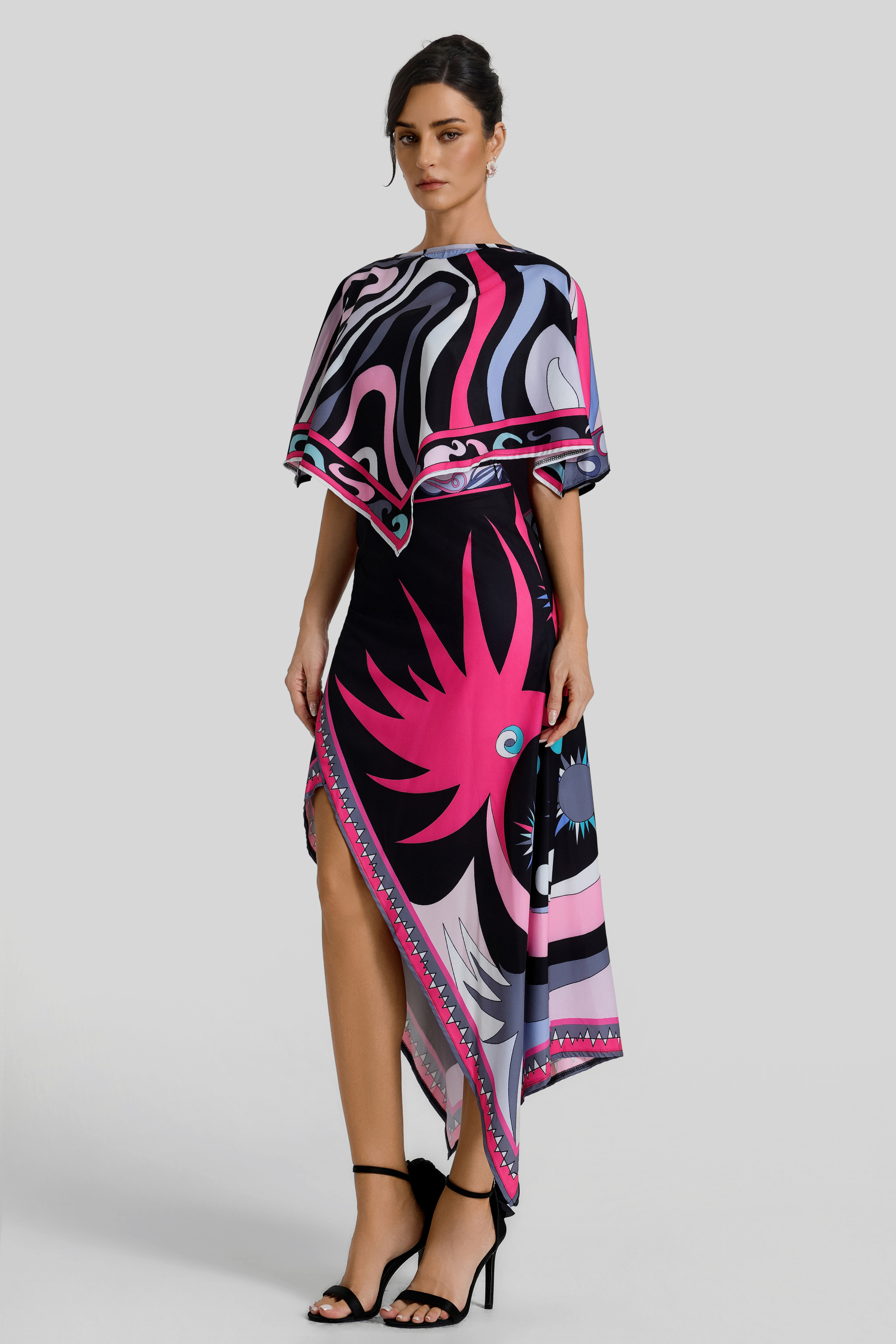 Scarf Print Cape Top & Slit High Waist Midi Skirt Set
