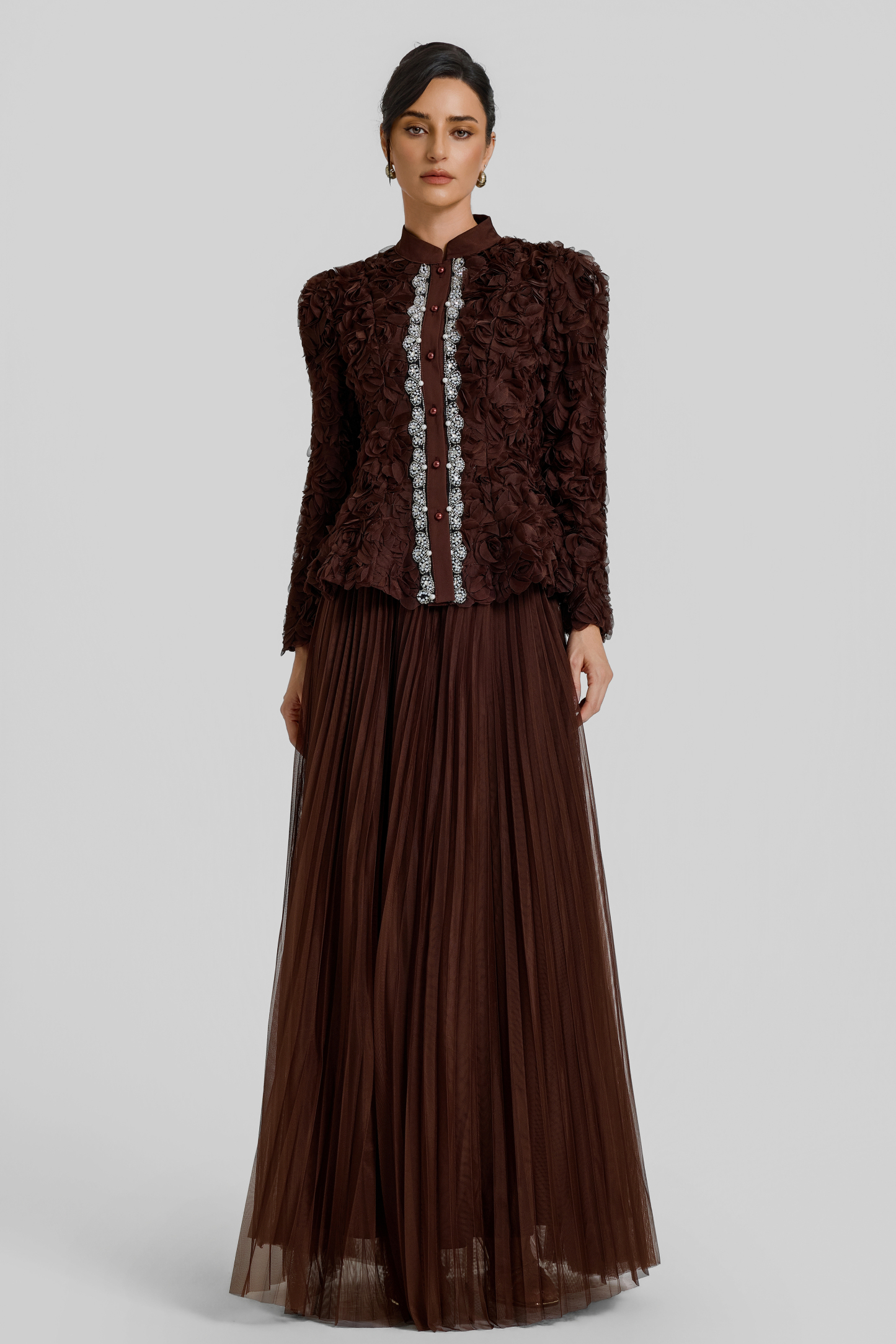 3D Flower Single Breasted Top & Mid Waist Maxi Skirt Set