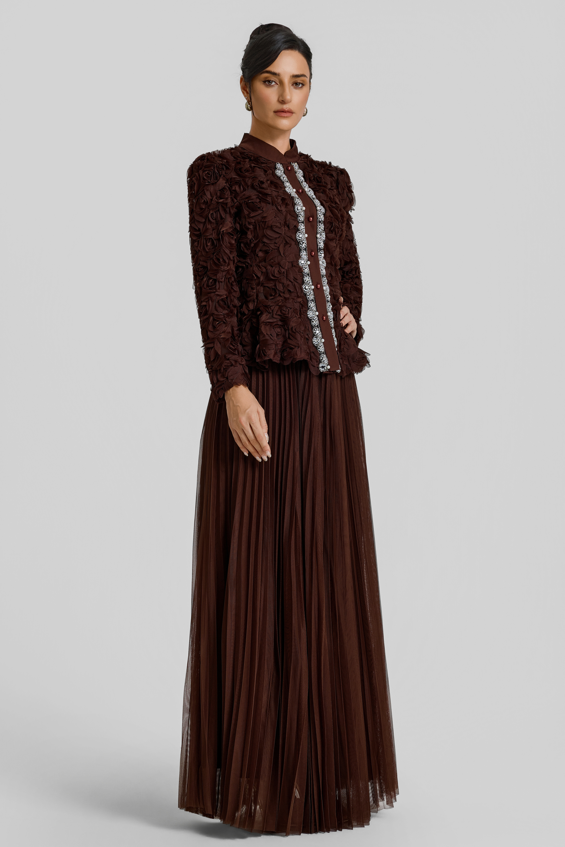 3D Flower Single Breasted Top & Mid Waist Maxi Skirt Set
