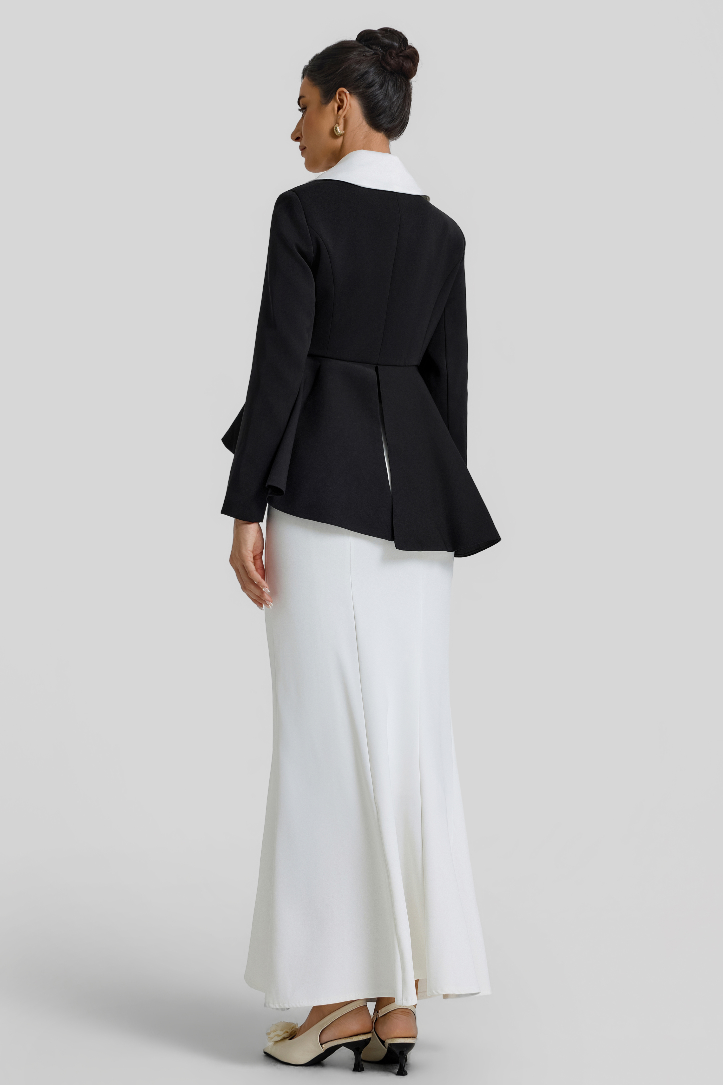 Contrast Color Feather Top & High Waist Midi Skirt Set