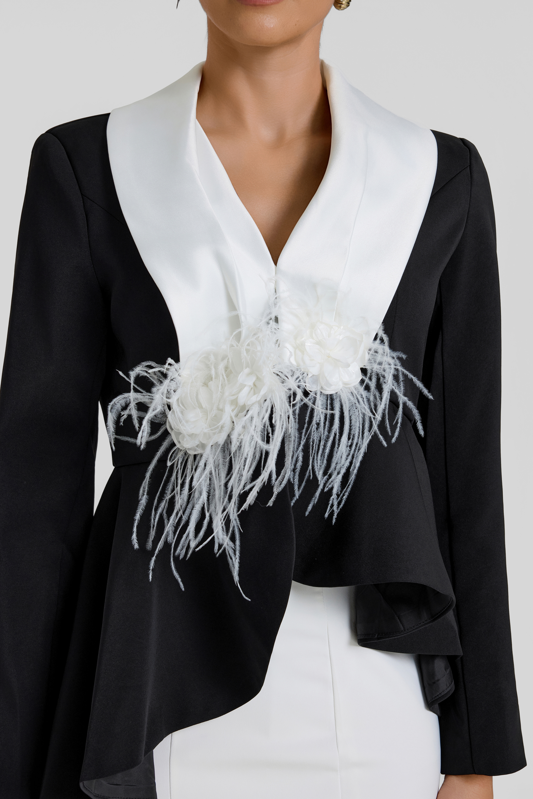 Contrast Color Feather Top & High Waist Midi Skirt Set