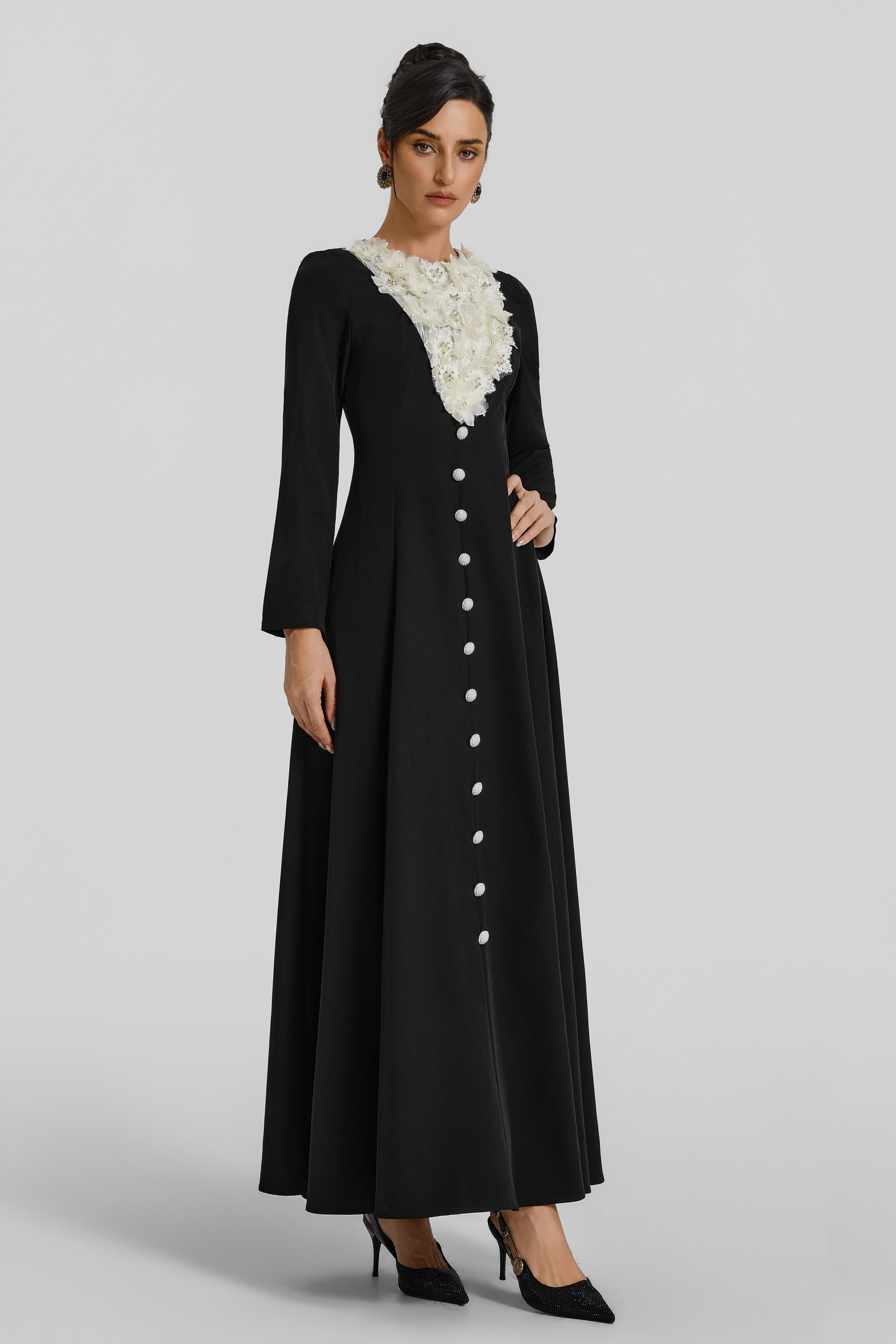 3D Flower Contrast Color Button Maxi Dress
