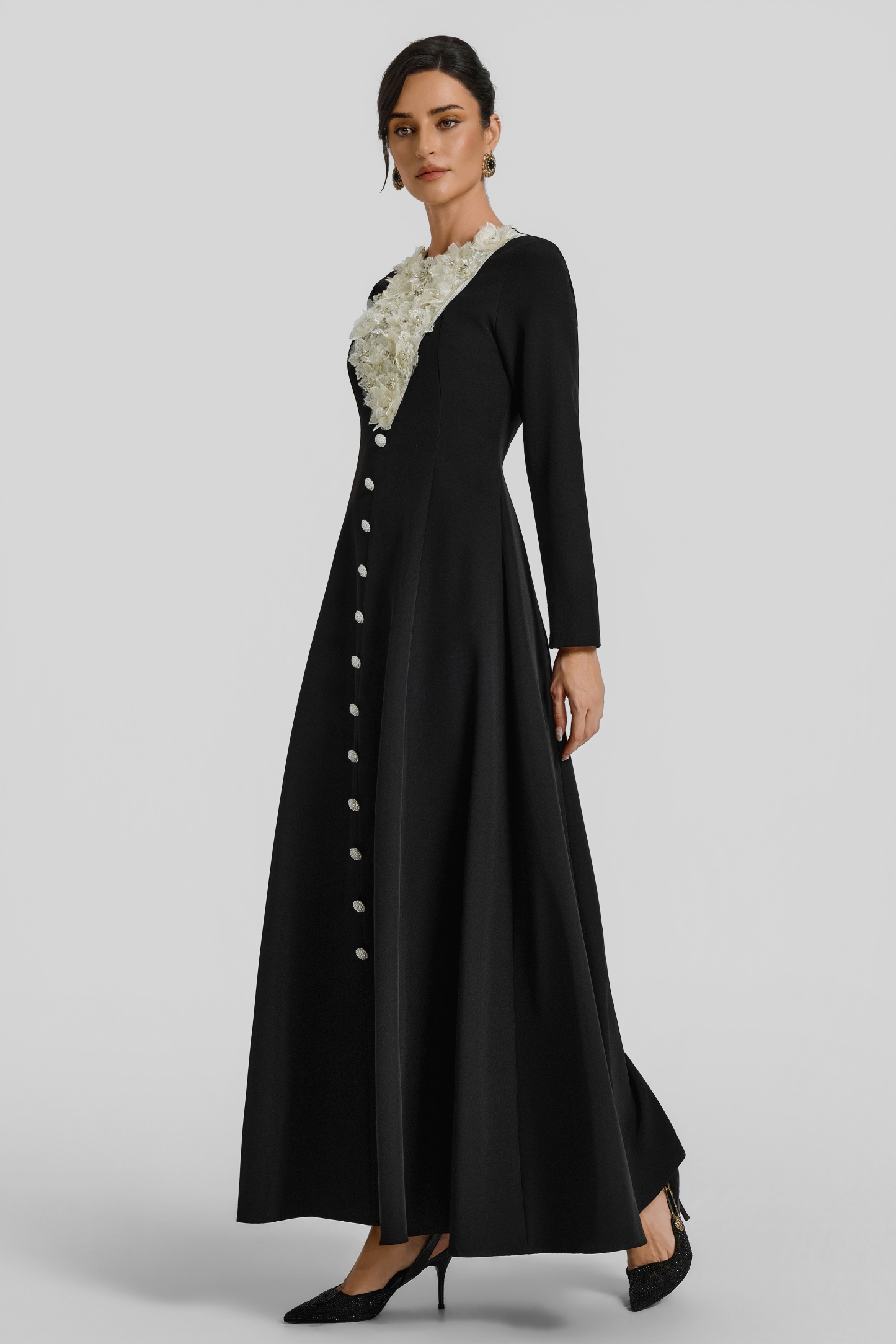 3D Flower Contrast Color Button Maxi Dress