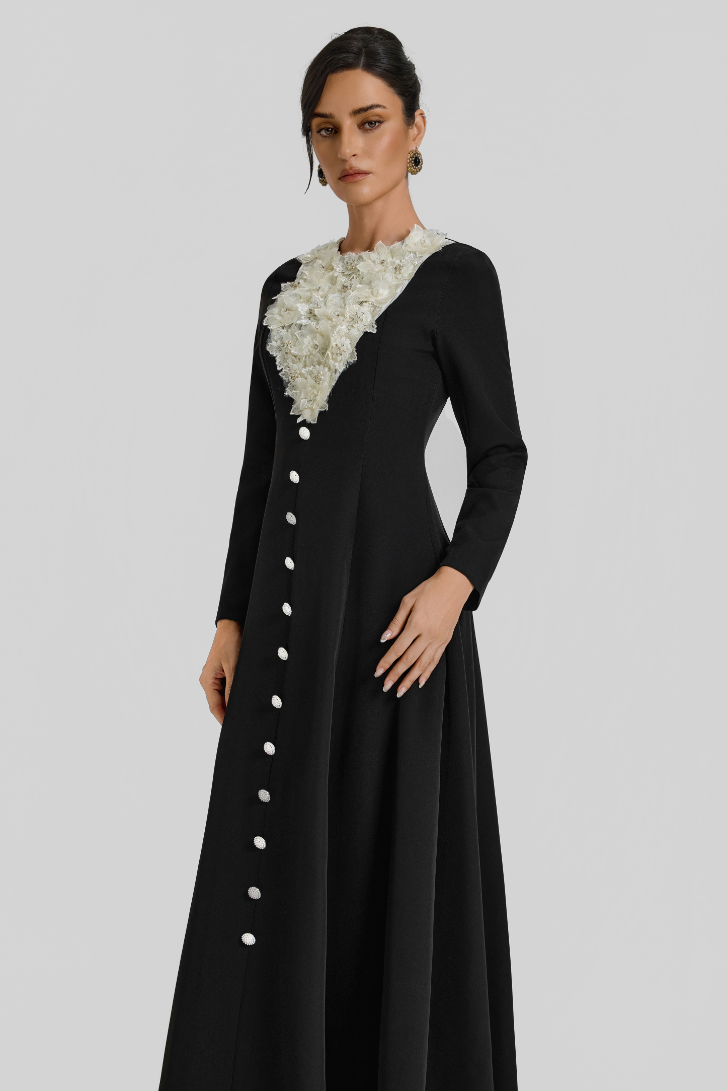 3D Flower Contrast Color Button Maxi Dress