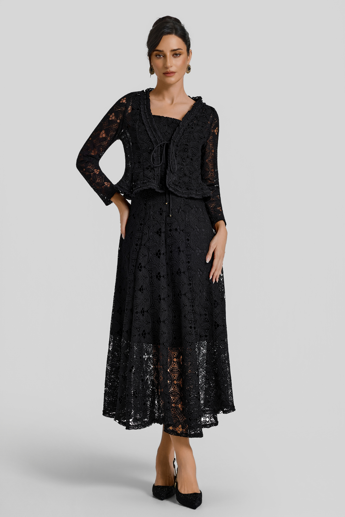 Lace Lace-Up Cardigan & Slip Midi Dress Set