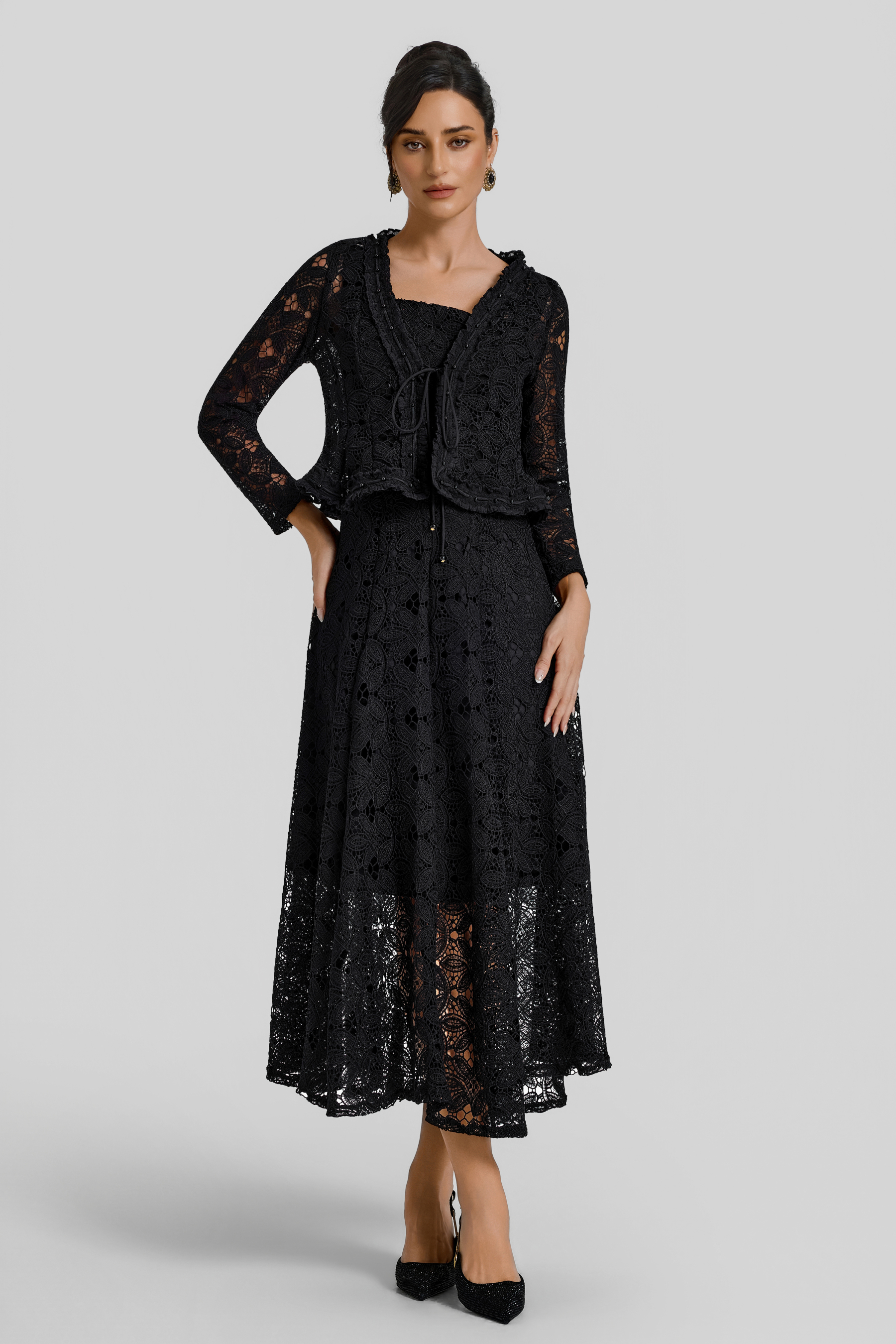 Lace Lace-Up Cardigan & Slip Midi Dress Set
