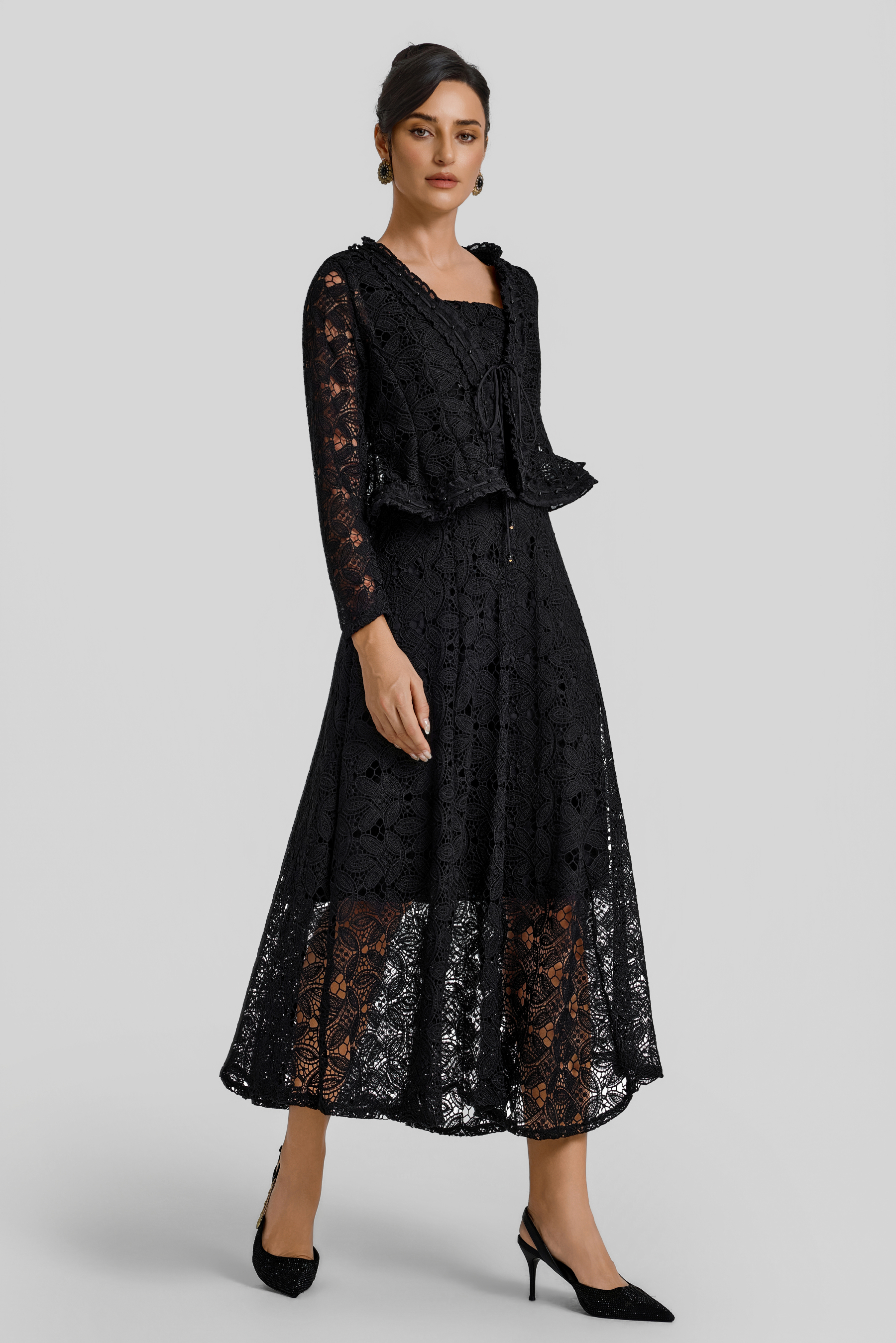 Lace Lace-Up Cardigan & Slip Midi Dress Set