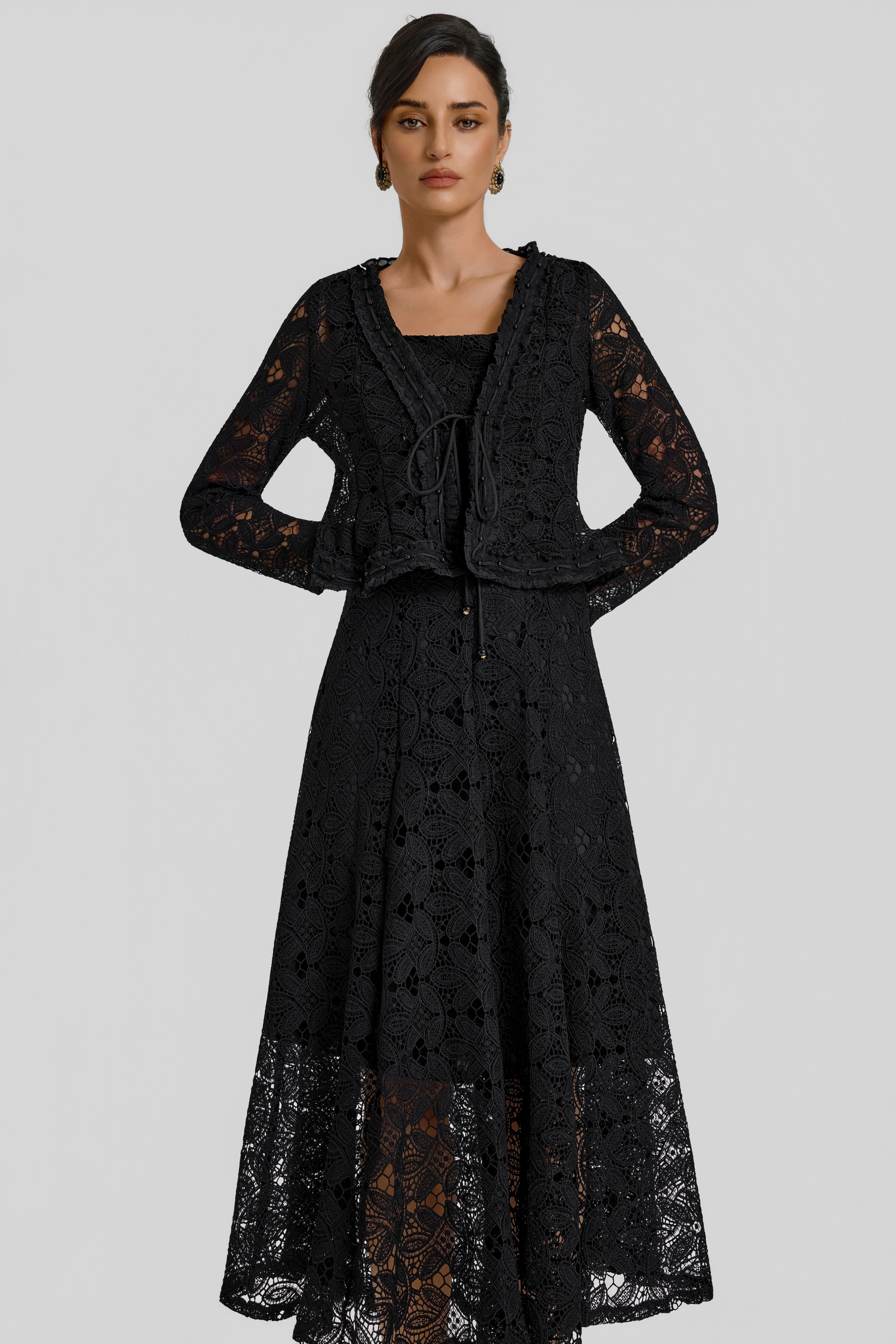 Lace Lace-Up Cardigan & Slip Midi Dress Set