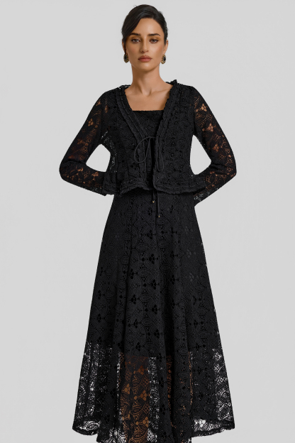 Lace Lace-Up Cardigan & Slip Midi Dress Set