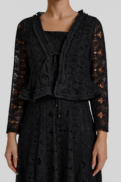 Lace Lace-Up Cardigan & Slip Midi Dress Set