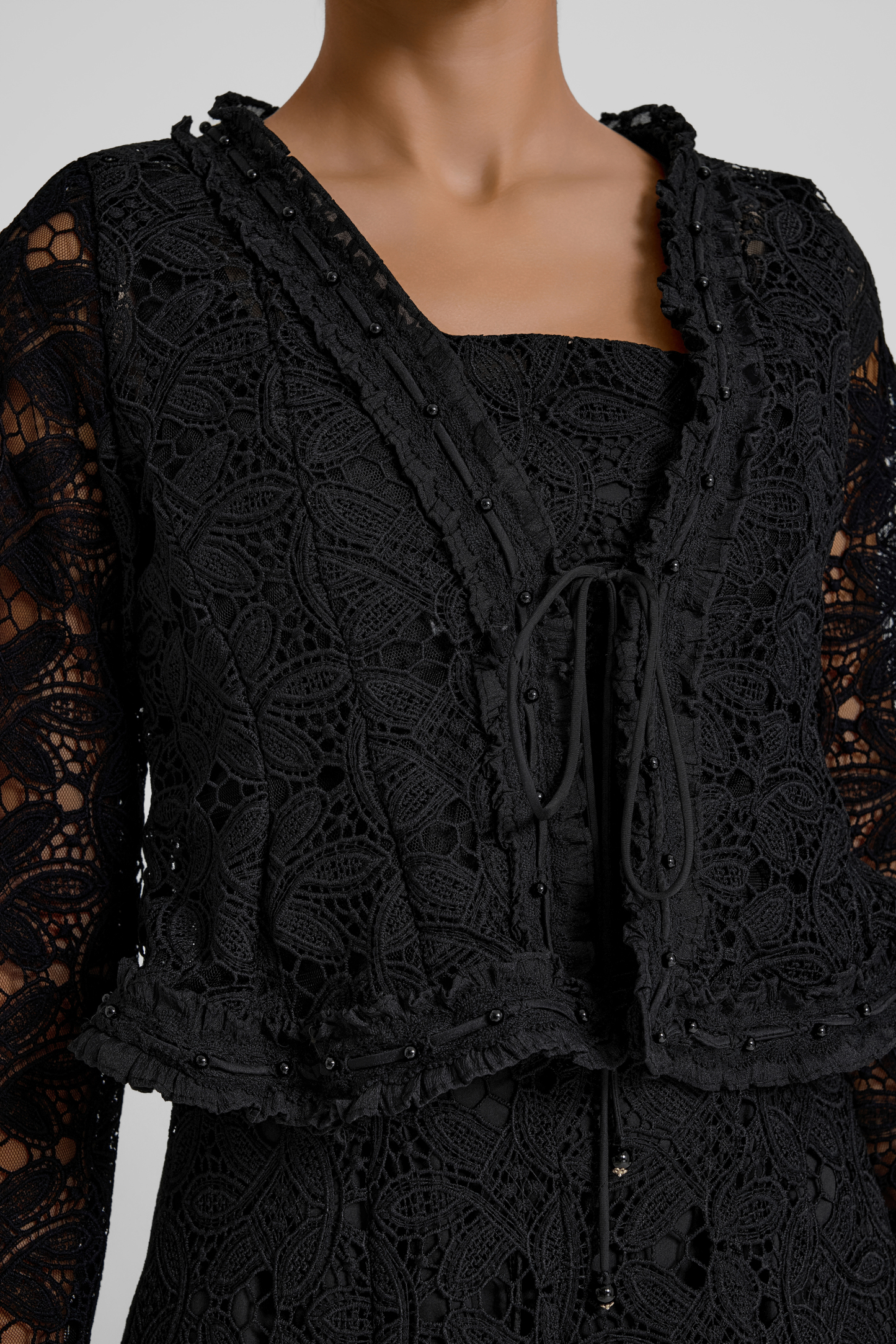Lace Lace-Up Cardigan & Slip Midi Dress Set