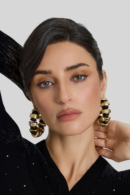 Hammered Gold Black Beaded C Hoop Earrings