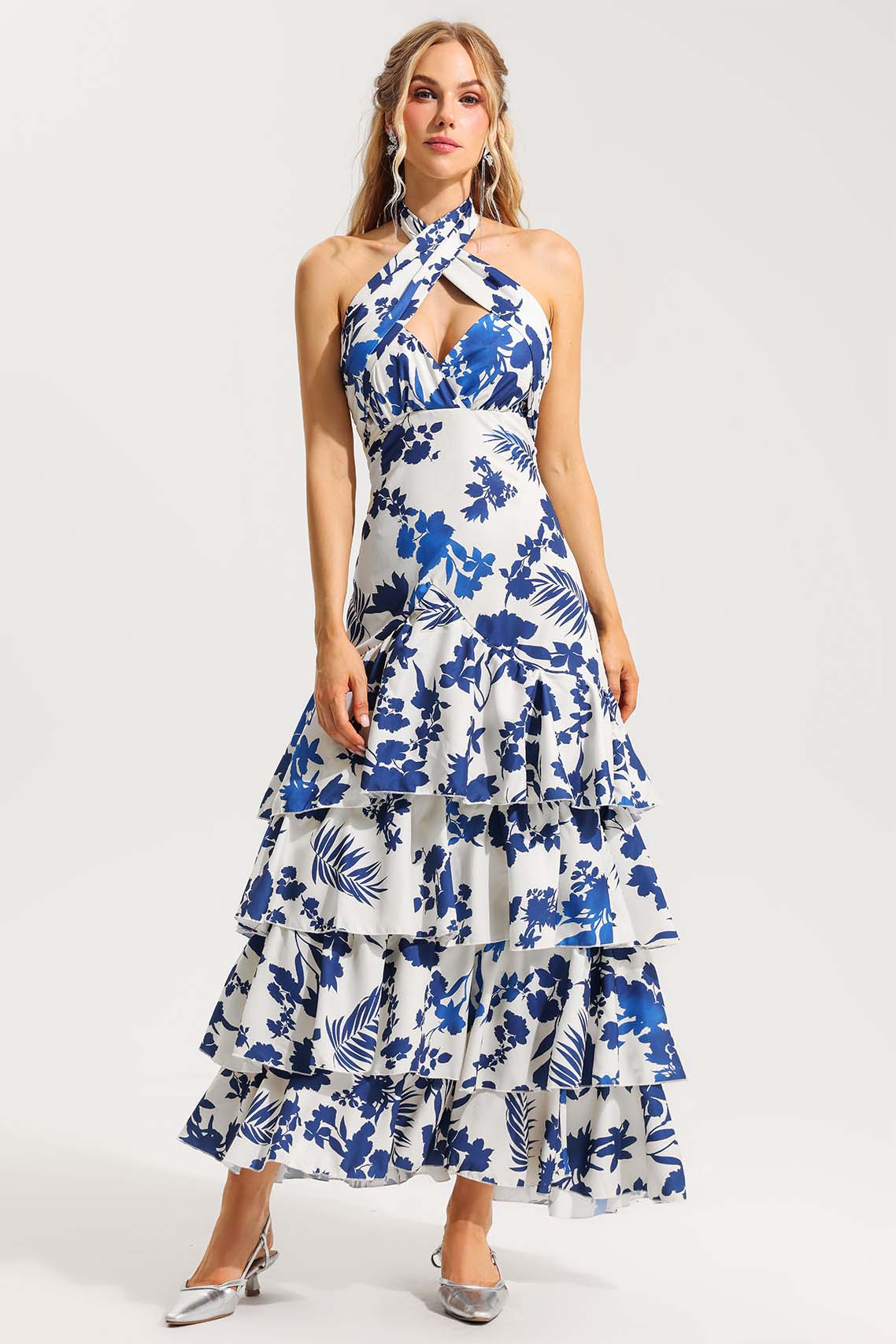 Sleeveless Halter Neck Lace Up Ruffle Hem Midi Dress