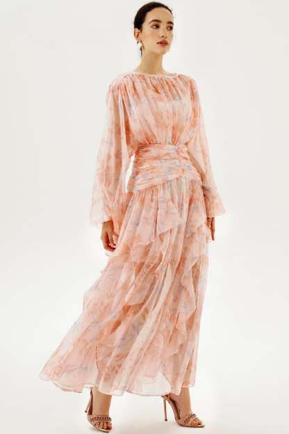Puff Long Sleeve Tiered Ruffle Hem Maxi Dress Pink