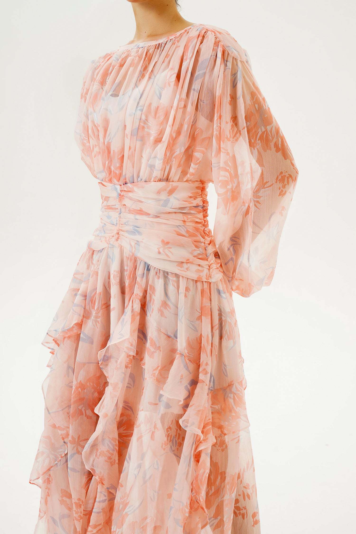 Puff Long Sleeve Tiered Ruffle Hem Maxi Dress Pink