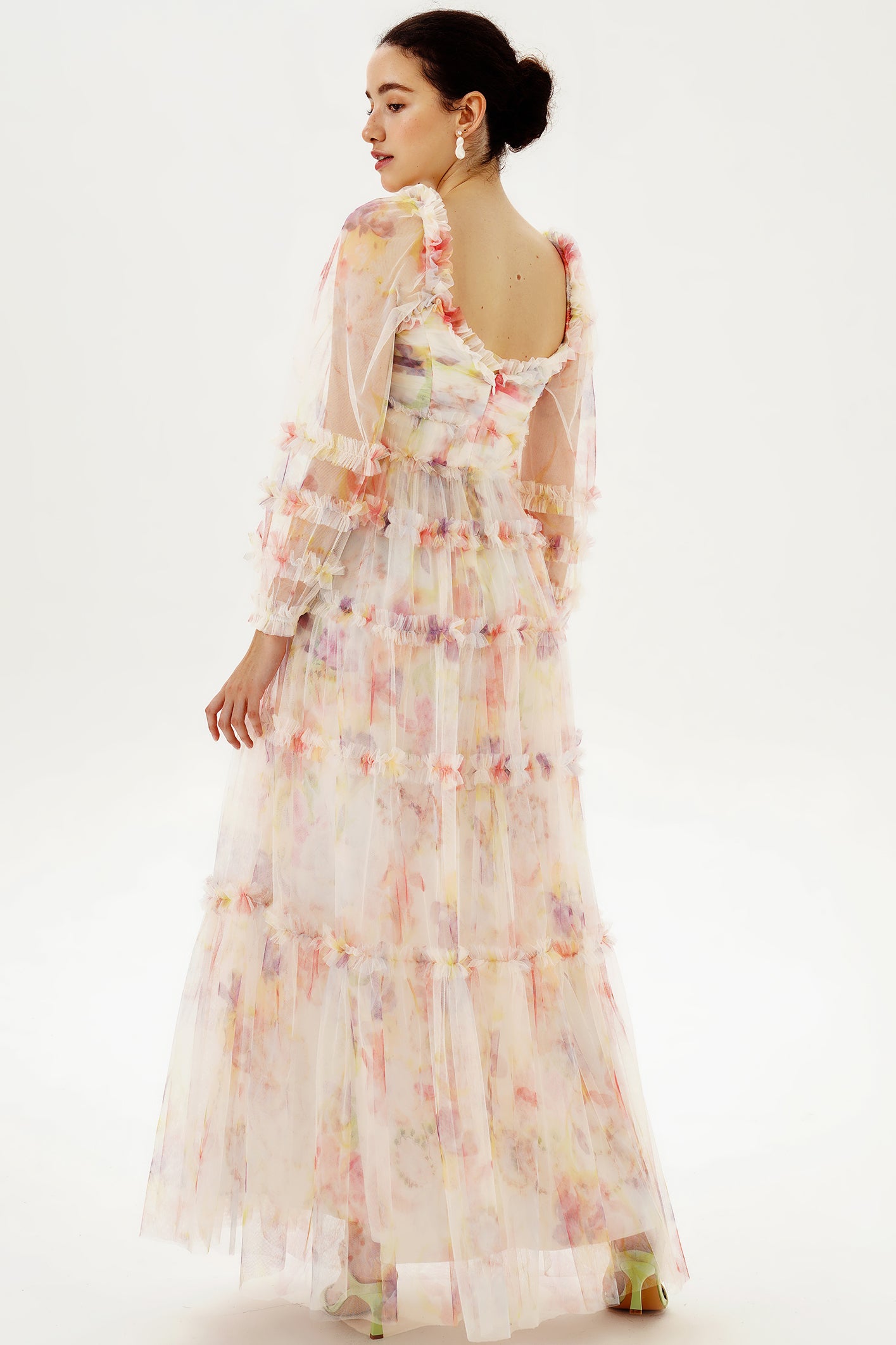 Floral Long Sleeve Ruffle Hem Maxi Dress Pink