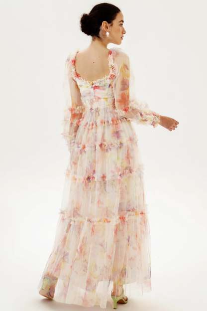Floral Long Sleeve Ruffle Hem Maxi Dress Pink